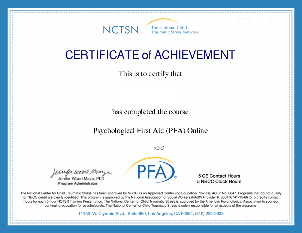 Psychological First Aid (PFA) Online Certificate - N431 - &(57,),&$7 ...