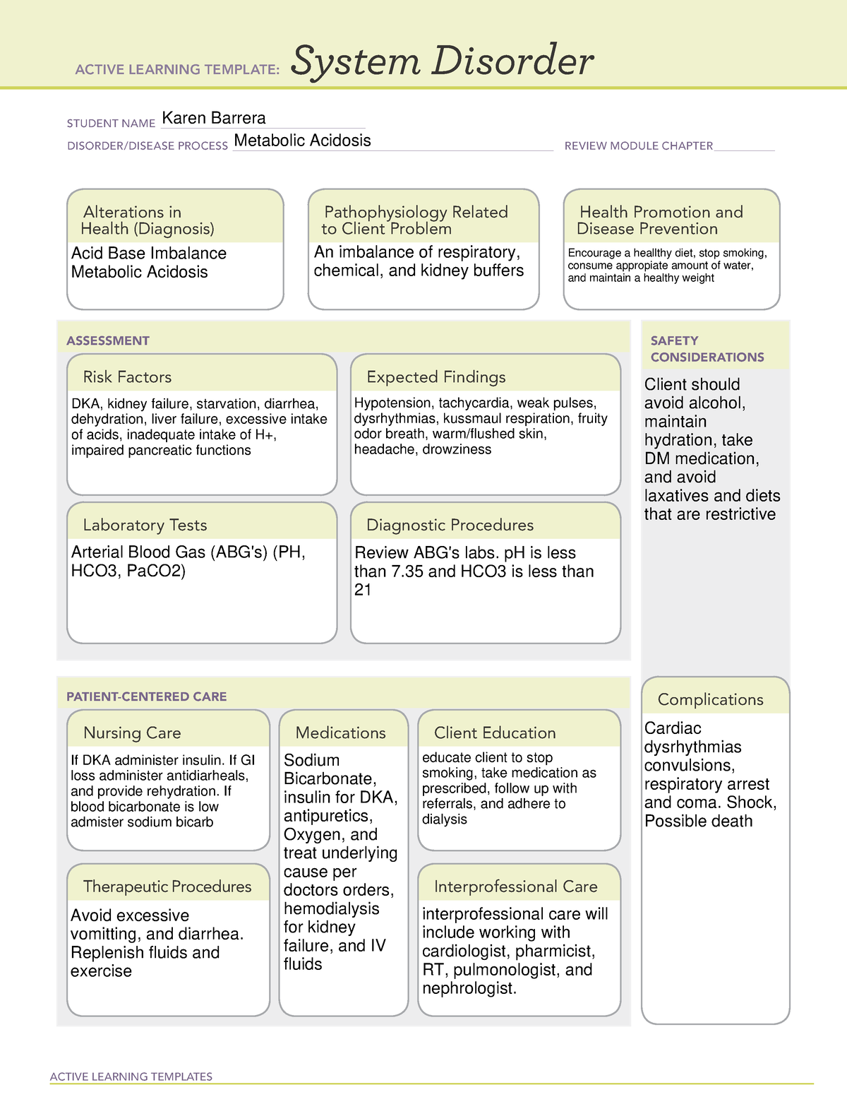 Metabolic Acidosis System disorder template ACTIVE LEARNING TEMPLATES