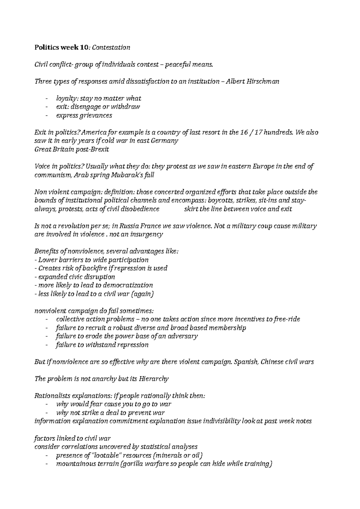 Politics week 10 - Lecture notes 10 - Politics week 10 : Contestation ...