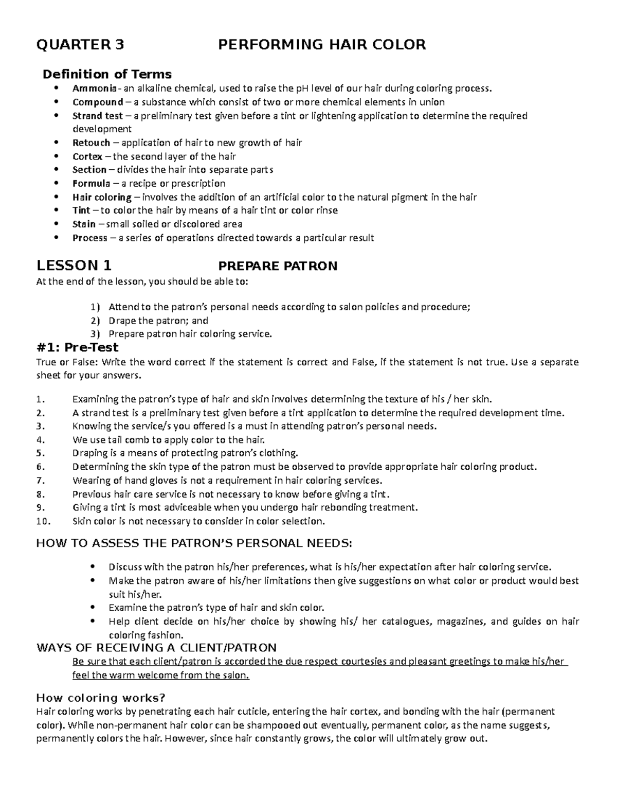 3RD Quarter Module Revised QUARTER 3 PERFORMING HAIR COLOR Definition