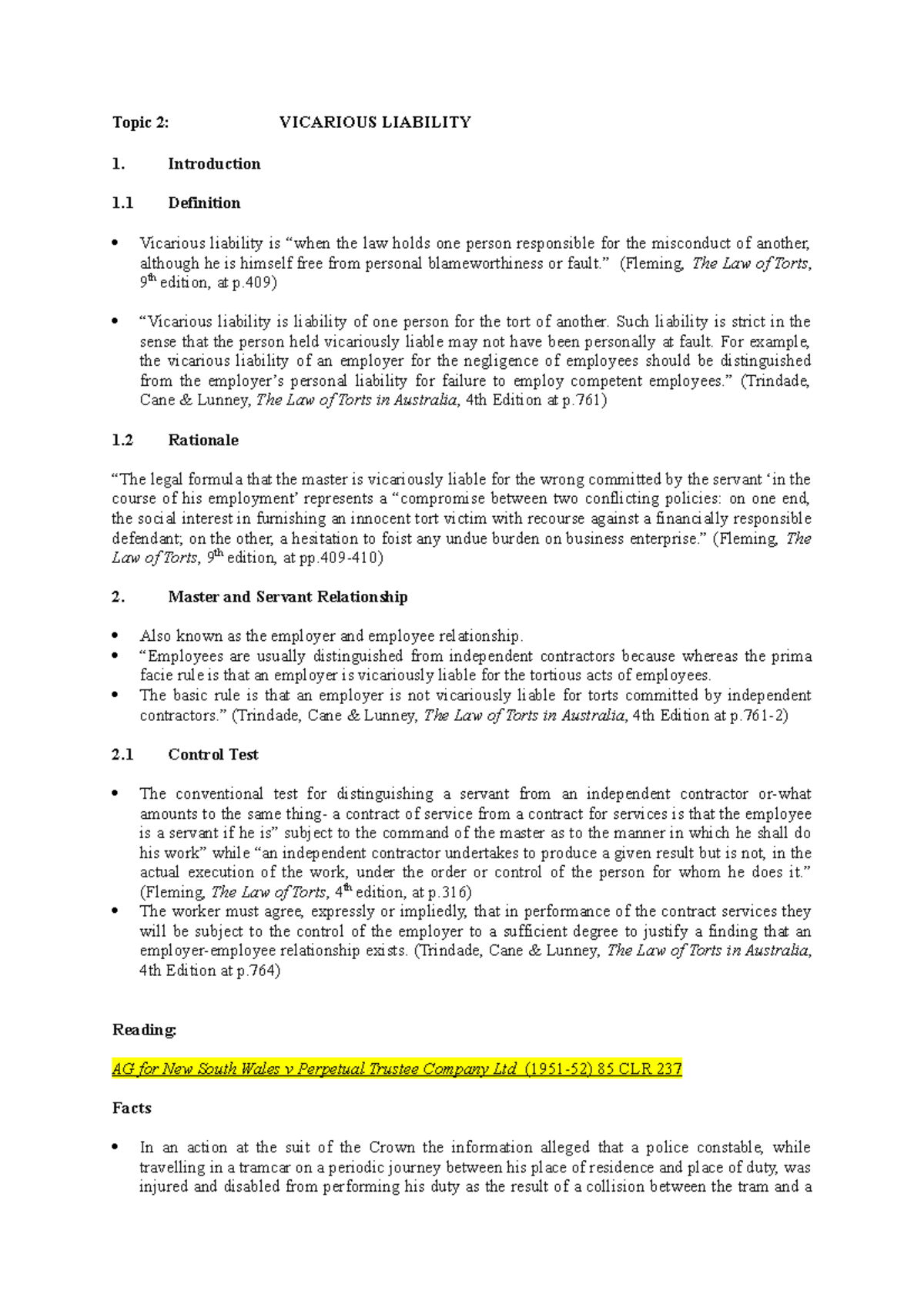 Topic 6 - Vicarious Liability - Topic 2: VICARIOUS LIABILITY ...