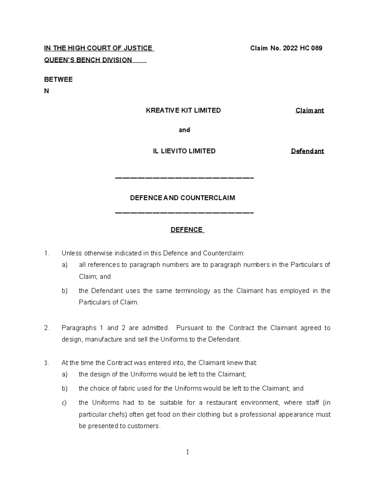 Exemplar Defence Statement - IN THE HIGH COURT OF JUSTICE QUEEN’S BENCH ...
