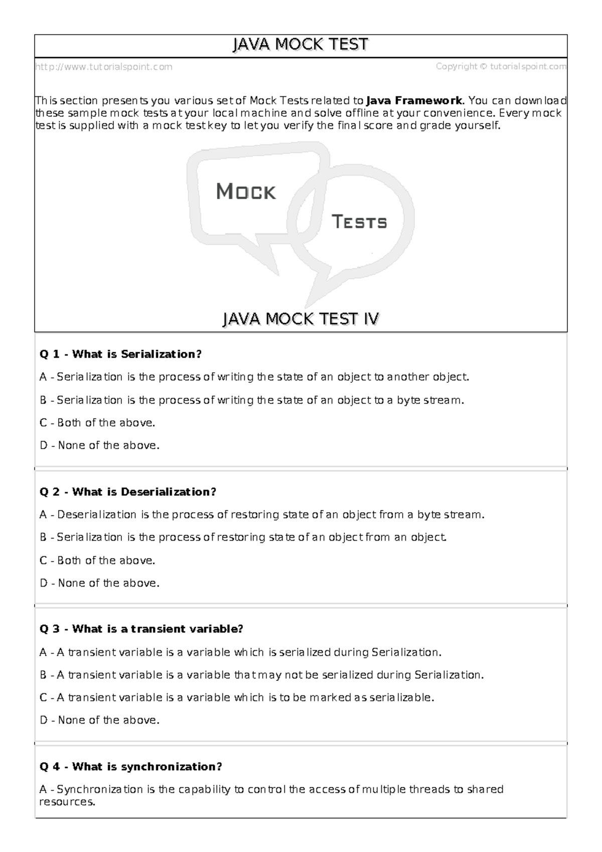 Java mock test iv - tutorialspoint Copyright © tutorialspoint JAVA MOCK ...
