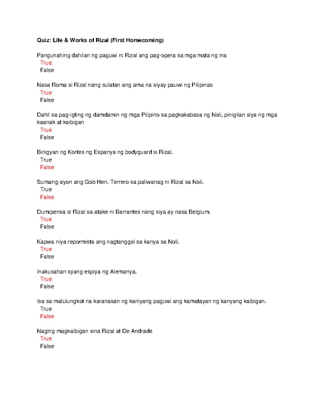 Quiz in Life & Works of Rizal (First Quiz Life & Works