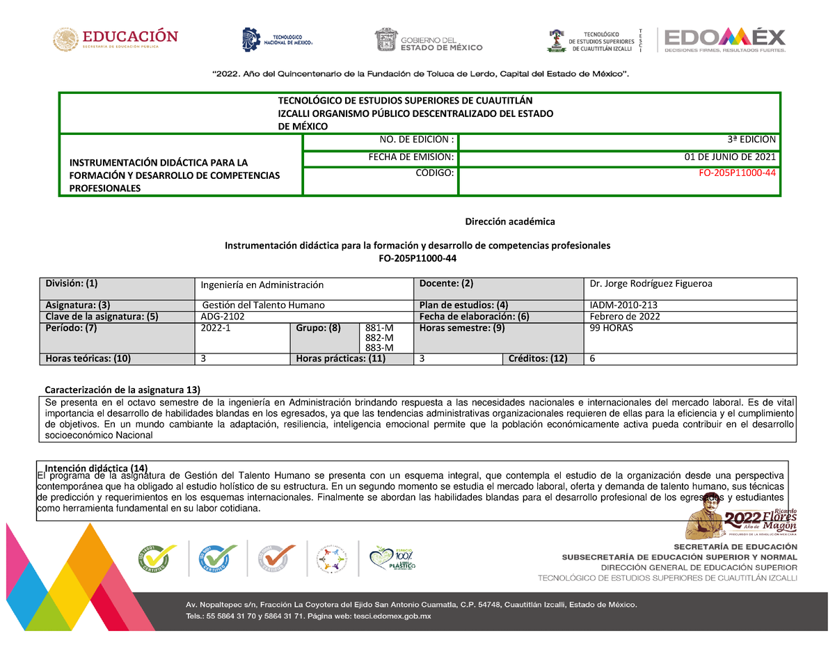 Instrumentación Didáctica Talento Humano - TECNOL”GICO DE ESTUDIOS ...