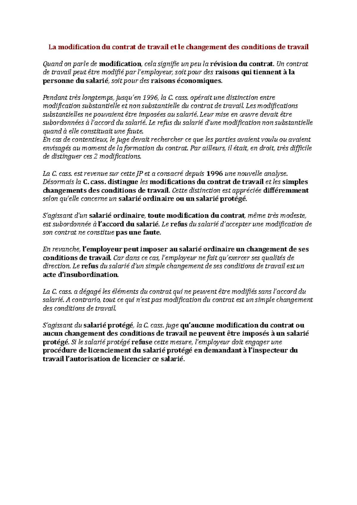 La Modification Du Contrat De Travail Et Le Changement Des Conditions ...