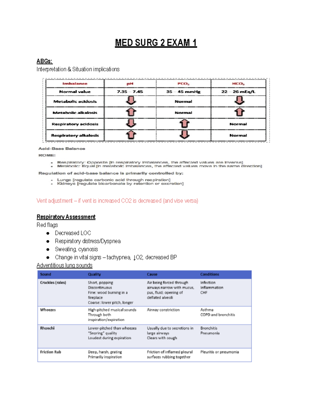 241 Exam 1 - Exam Notes - MED SURG 2 EXAM 1 ABGs: Interpretation ...
