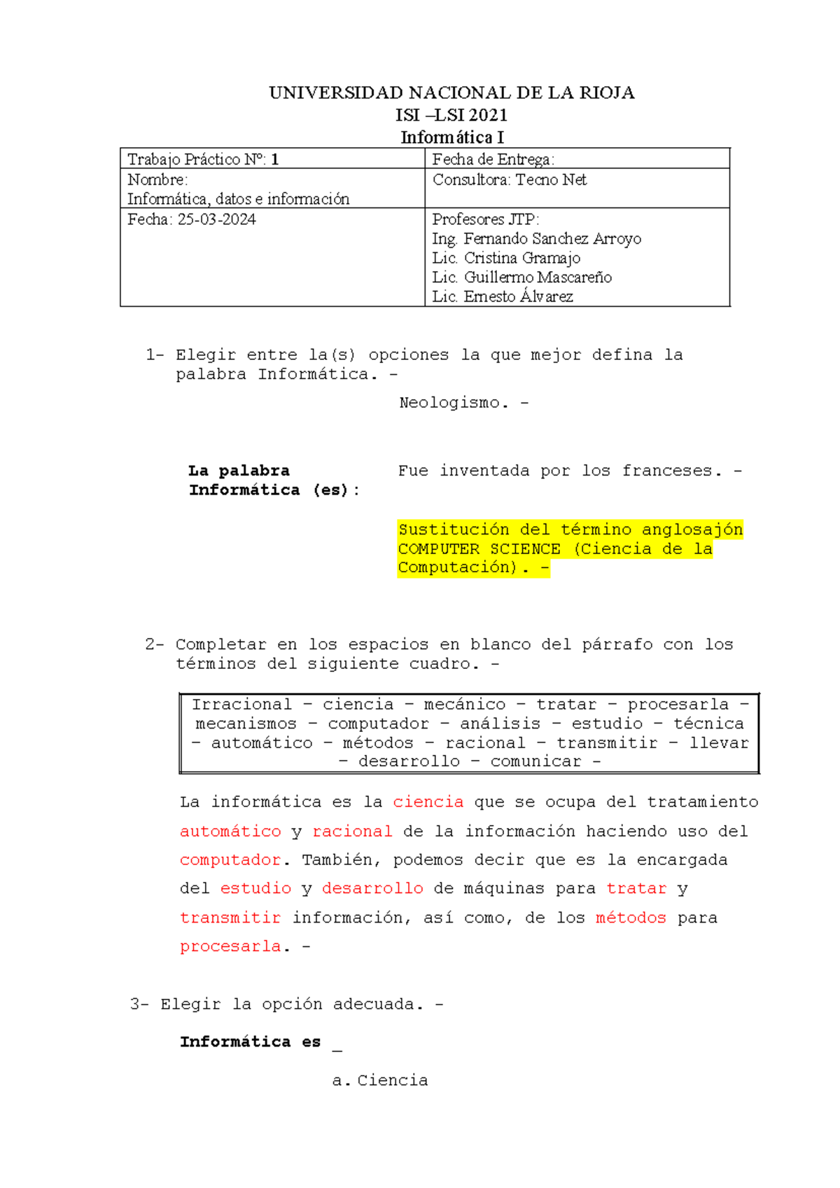 Tp 1 Informatica - UNIVERSIDAD NACIONAL DE LA RIOJA ISI –LSI 2021 ...