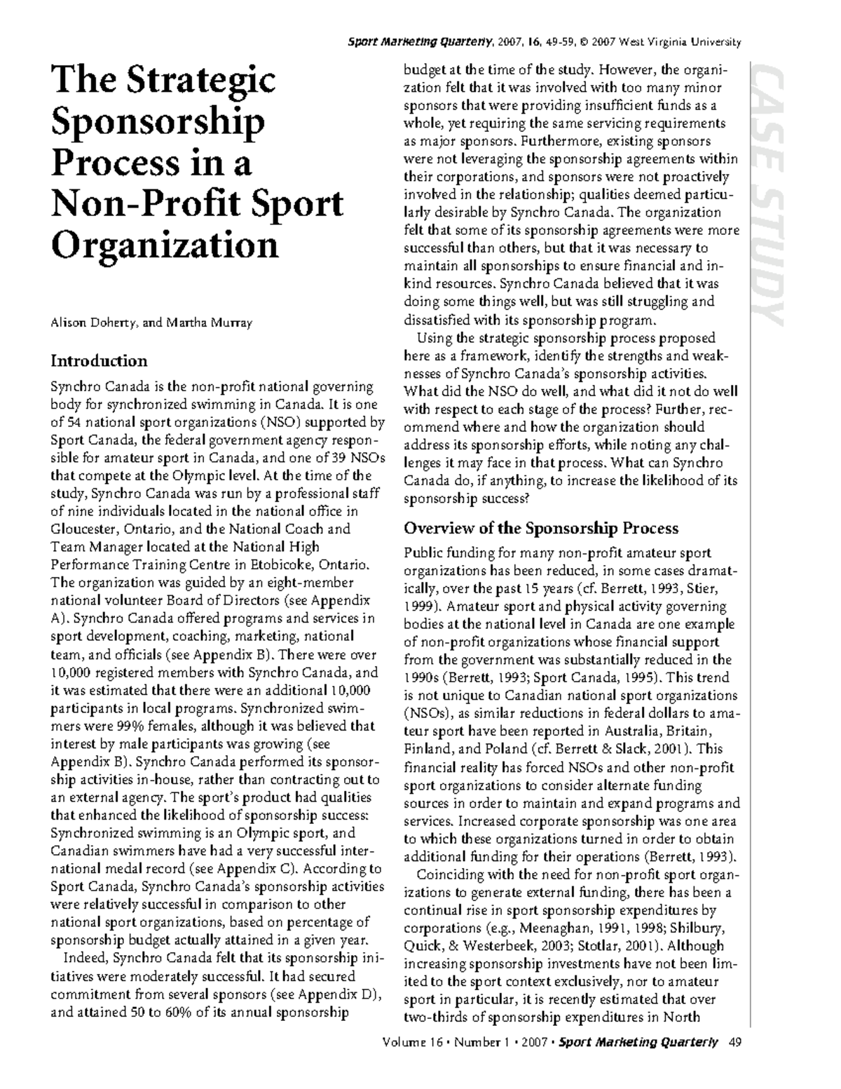 The Strategic Sponsorship Proc CASE STUDY Sport Marketing Quarterly