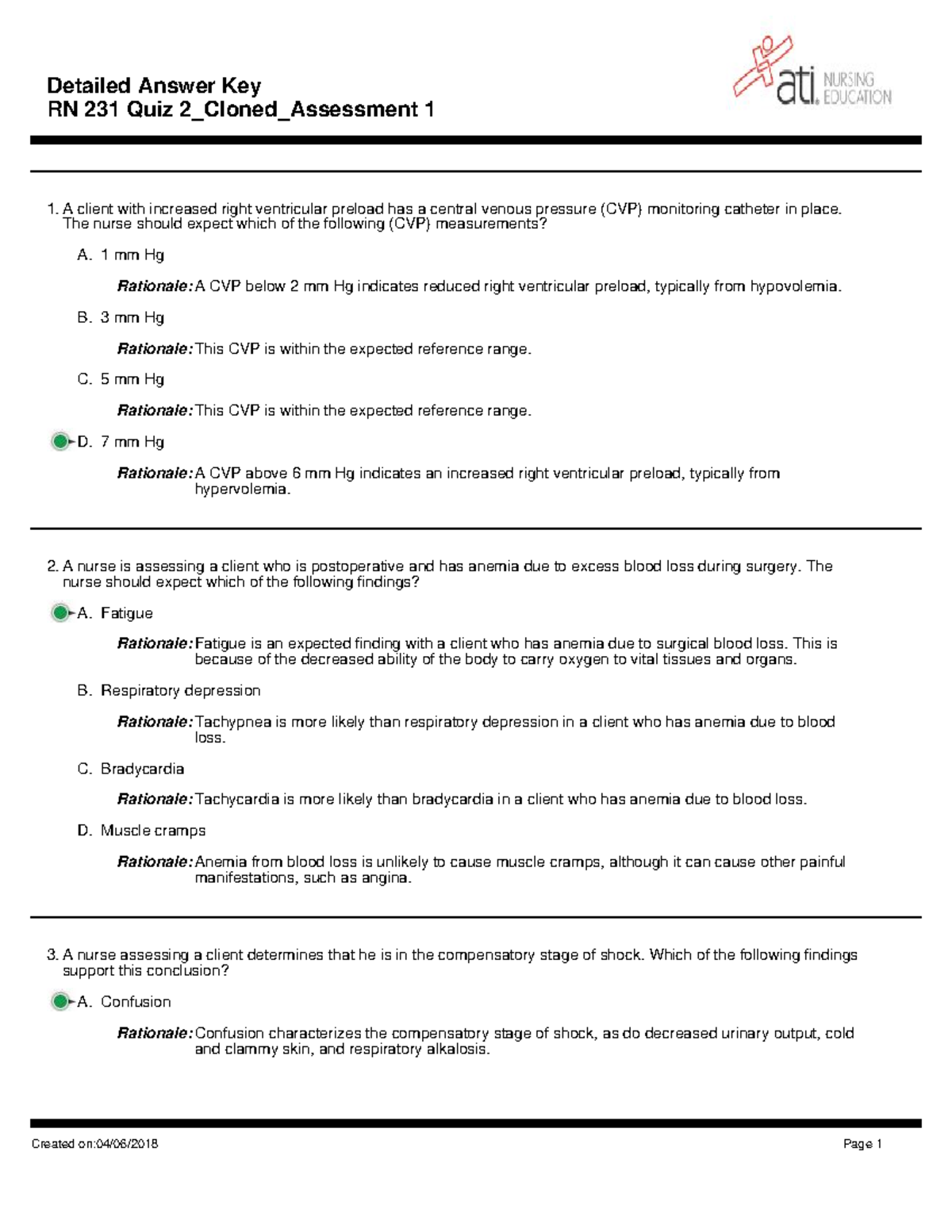 ATI practice questions types of shock RN 231 Quiz 2_Cloned_Assessment