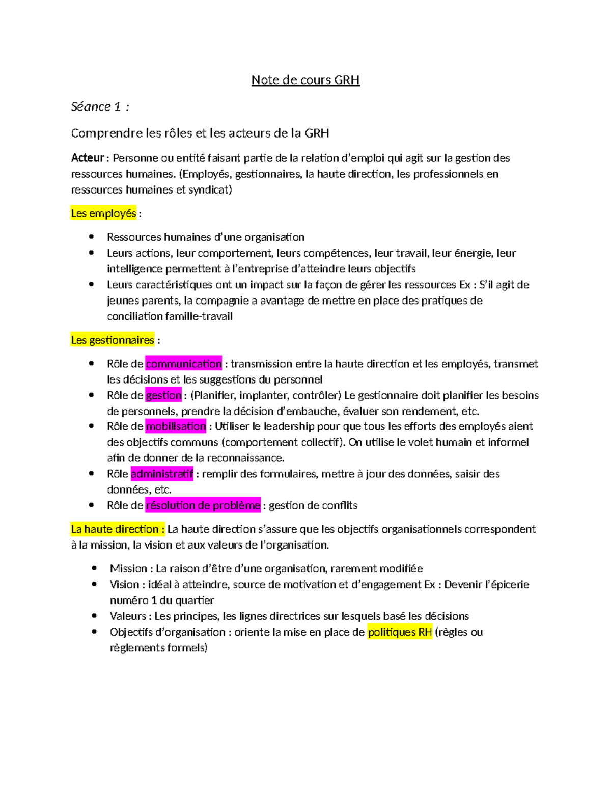 Note De Cours GRH - Note De Cours GRH Séance 1 : Comprendre Les Rôles ...