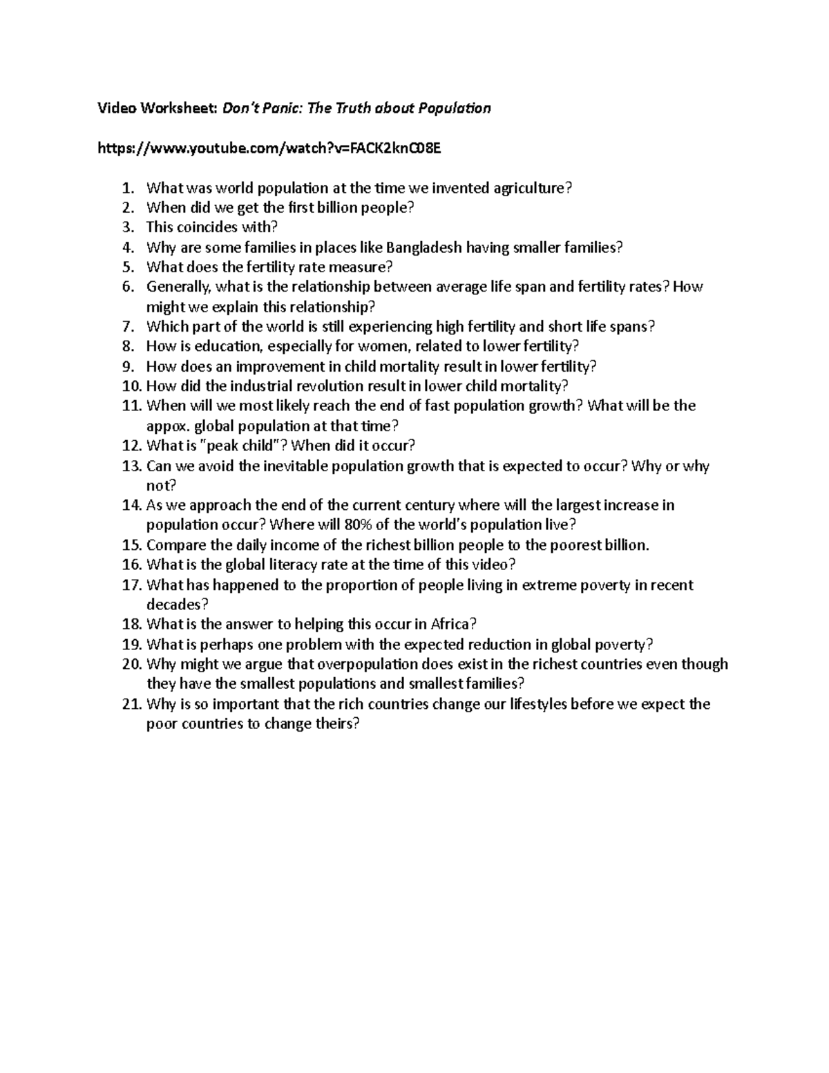 Dont Panic The Truth about Population - Video Worksheet: Don't Panic: The  Truth about Population - Studocu