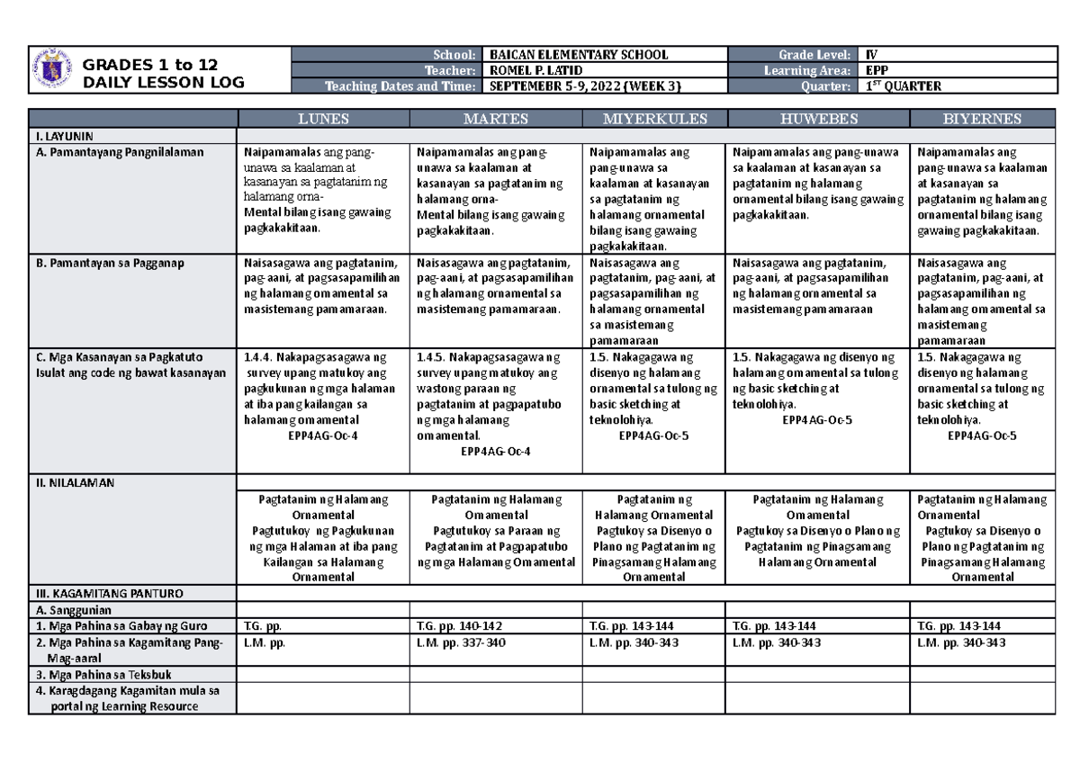 DLL Quarter 1 Week 3 EPP 4 - GRADES 1 to 12 DAILY LESSON LOG School ...