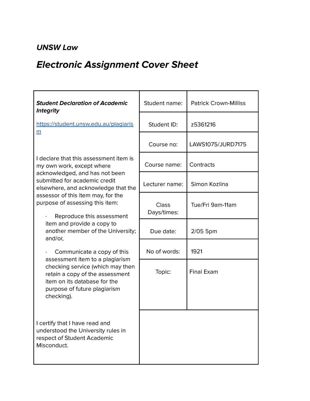 unsw law assignment cover sheet