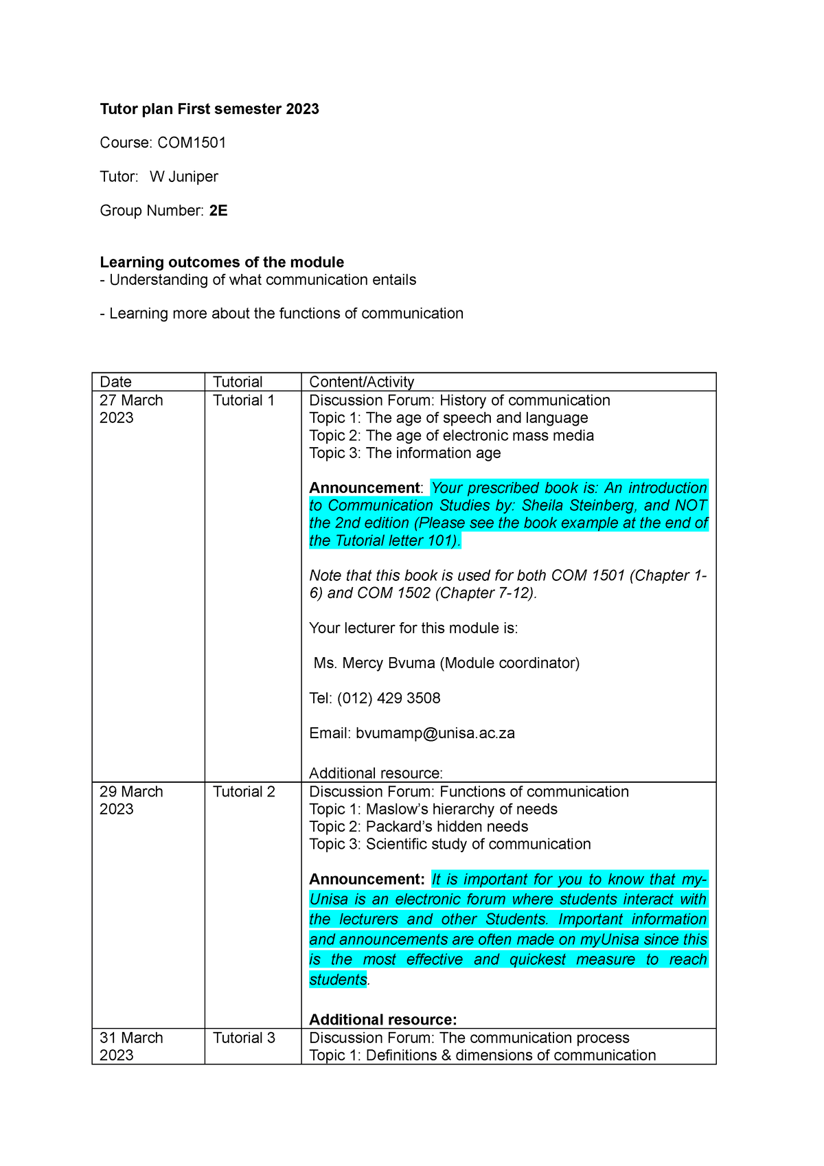 Tutor Plan 2023 - COM1501 - Unisa - Studocu