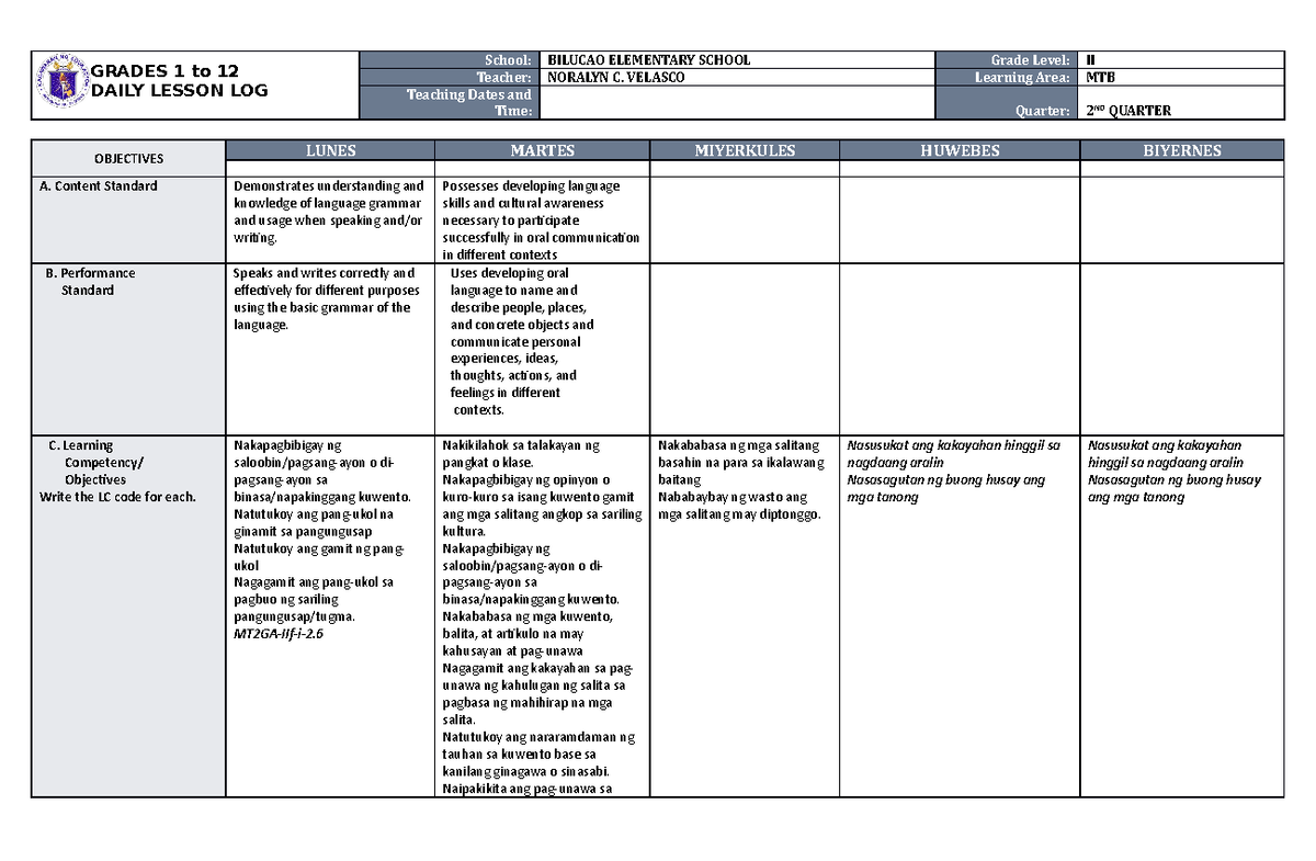 DLL MTB 2 Q2 W10 - LESSON PLAN - GRADES 1 to 12 DAILY LESSON LOG School ...