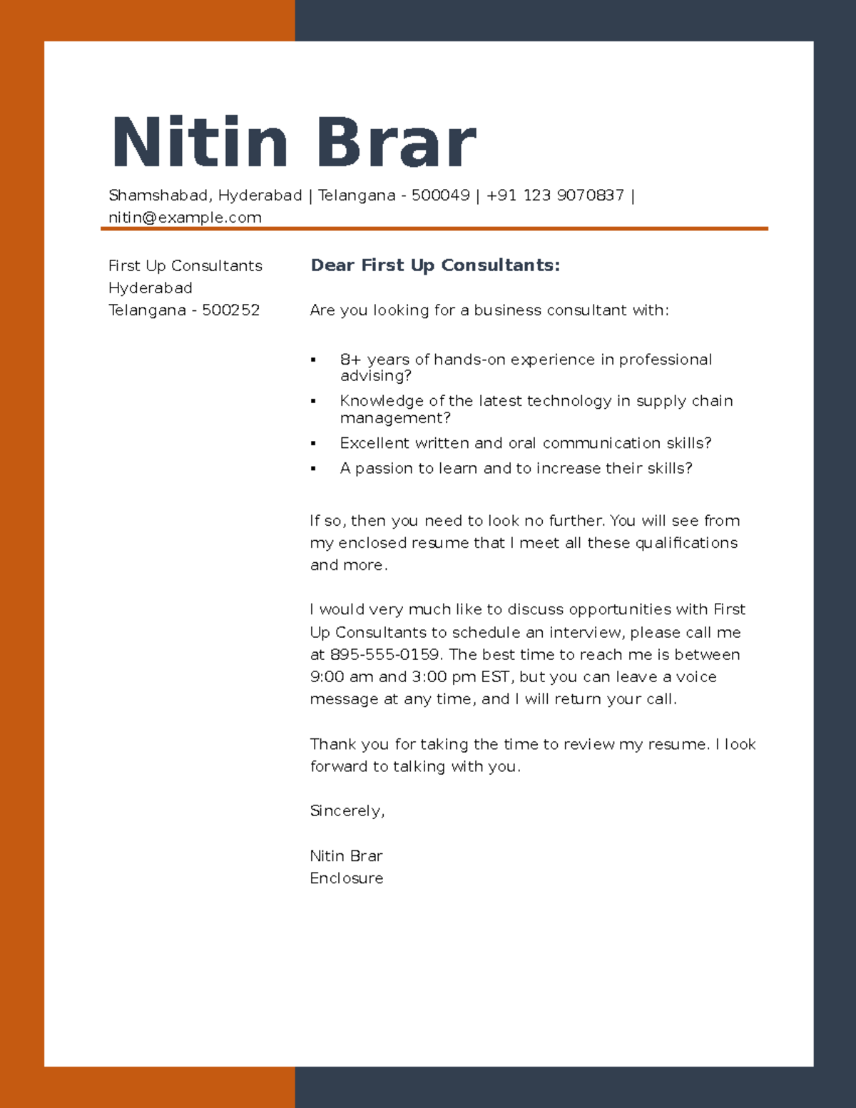 Resume cover letter for unsolicited resume - Nitin Brar Shamshabad ...