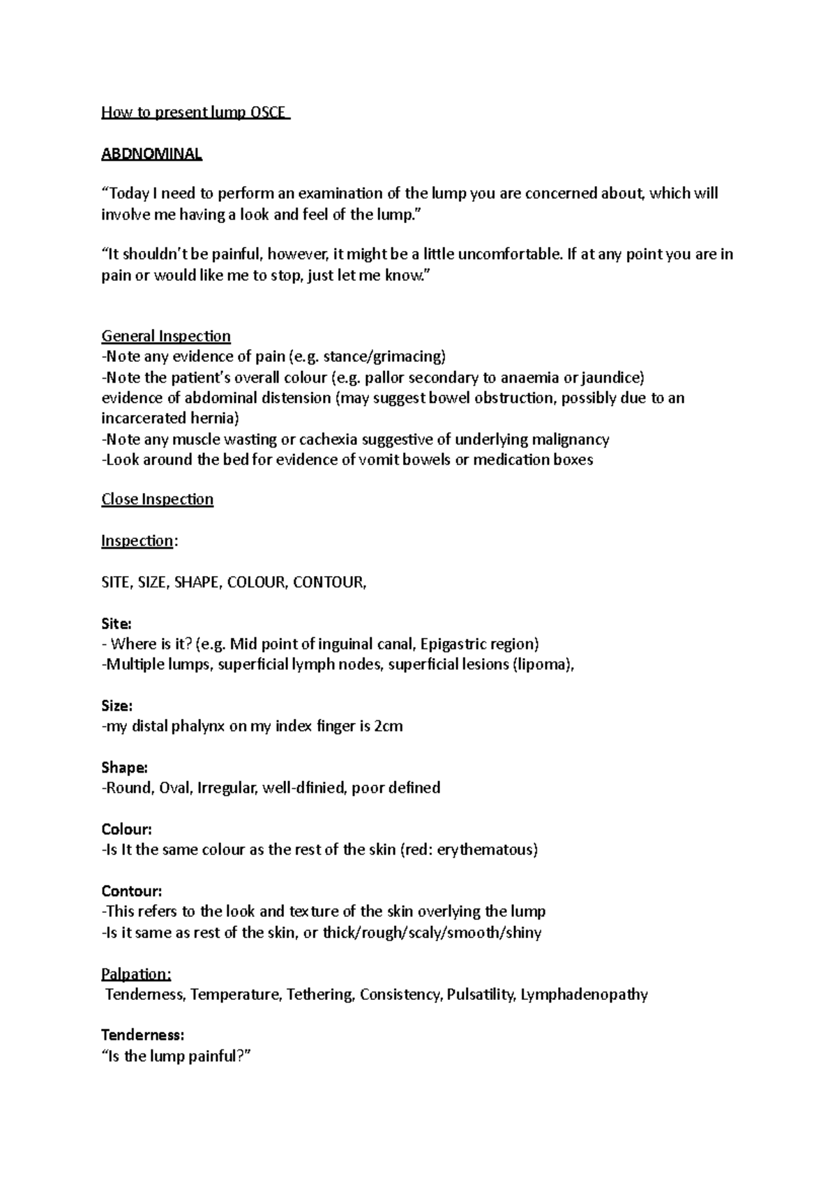 Lump OSCE - .... - How to present lump OSCE ABDNOMINAL “Today I need to ...