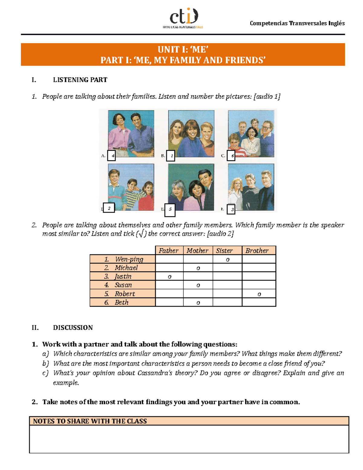 Listening Part 2019 - Competencias Transversales UNIT I: PART I: MY ...