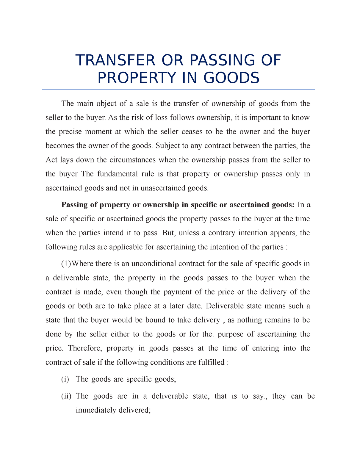 transfer of property in goods notes