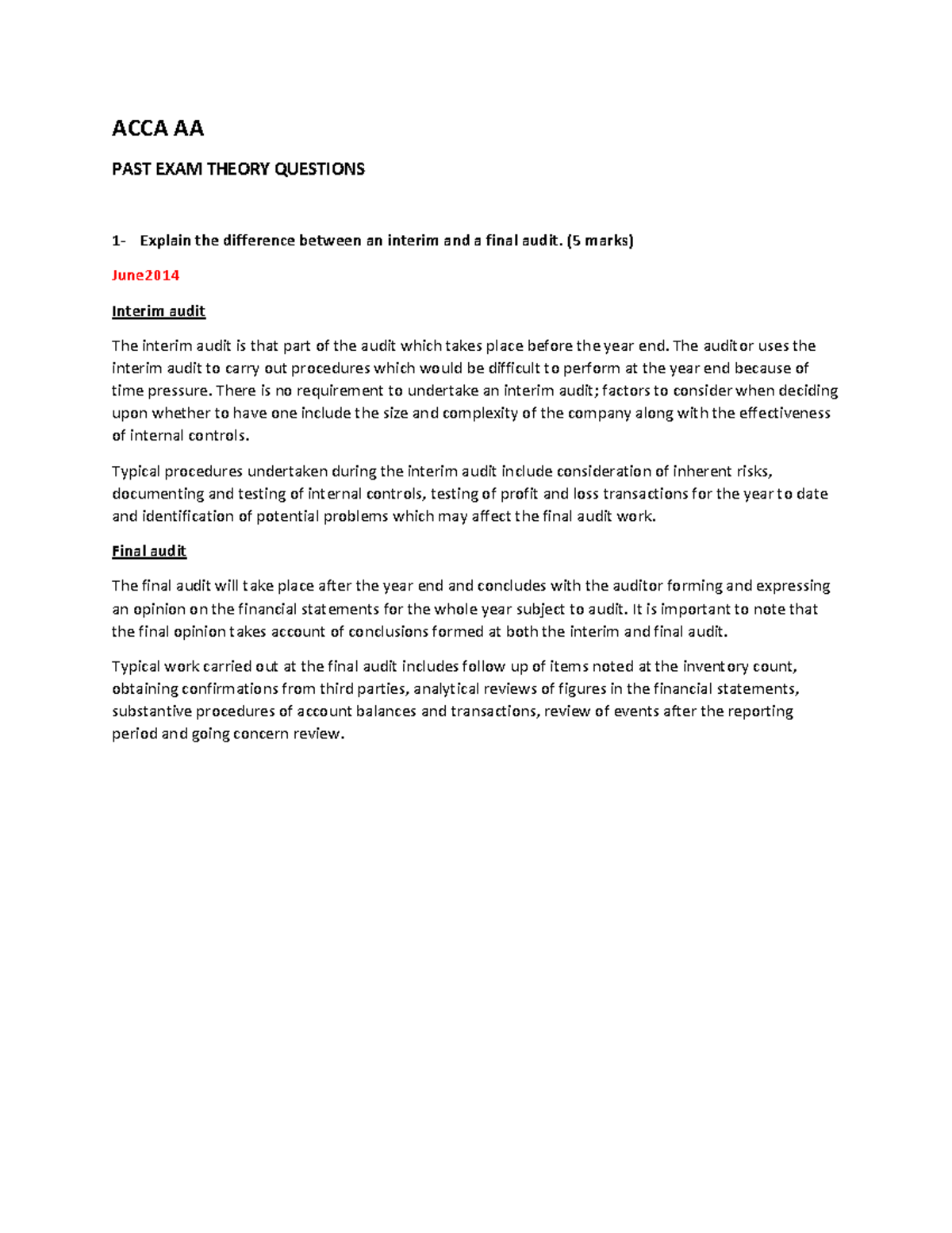 PAST EXAM Questions Theory - ACCA AA PAST EXAM THEORY QUESTIONS 1 ...