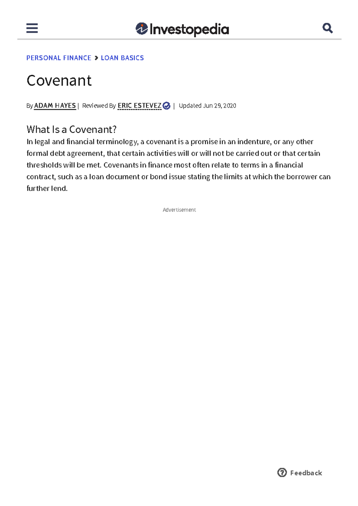 Covenant Definition Lecture notes 1 PERSONAL FINANCE LOAN BASICS