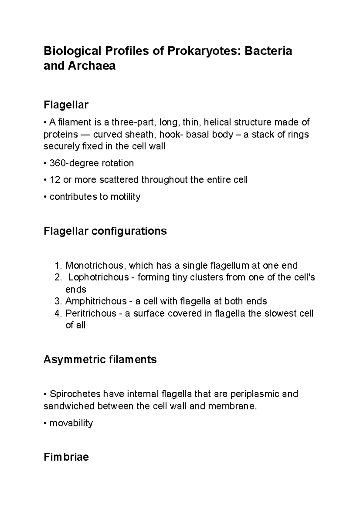 Biological Profiles of Prokaryotes - movability Fimbriae Hair-like ...