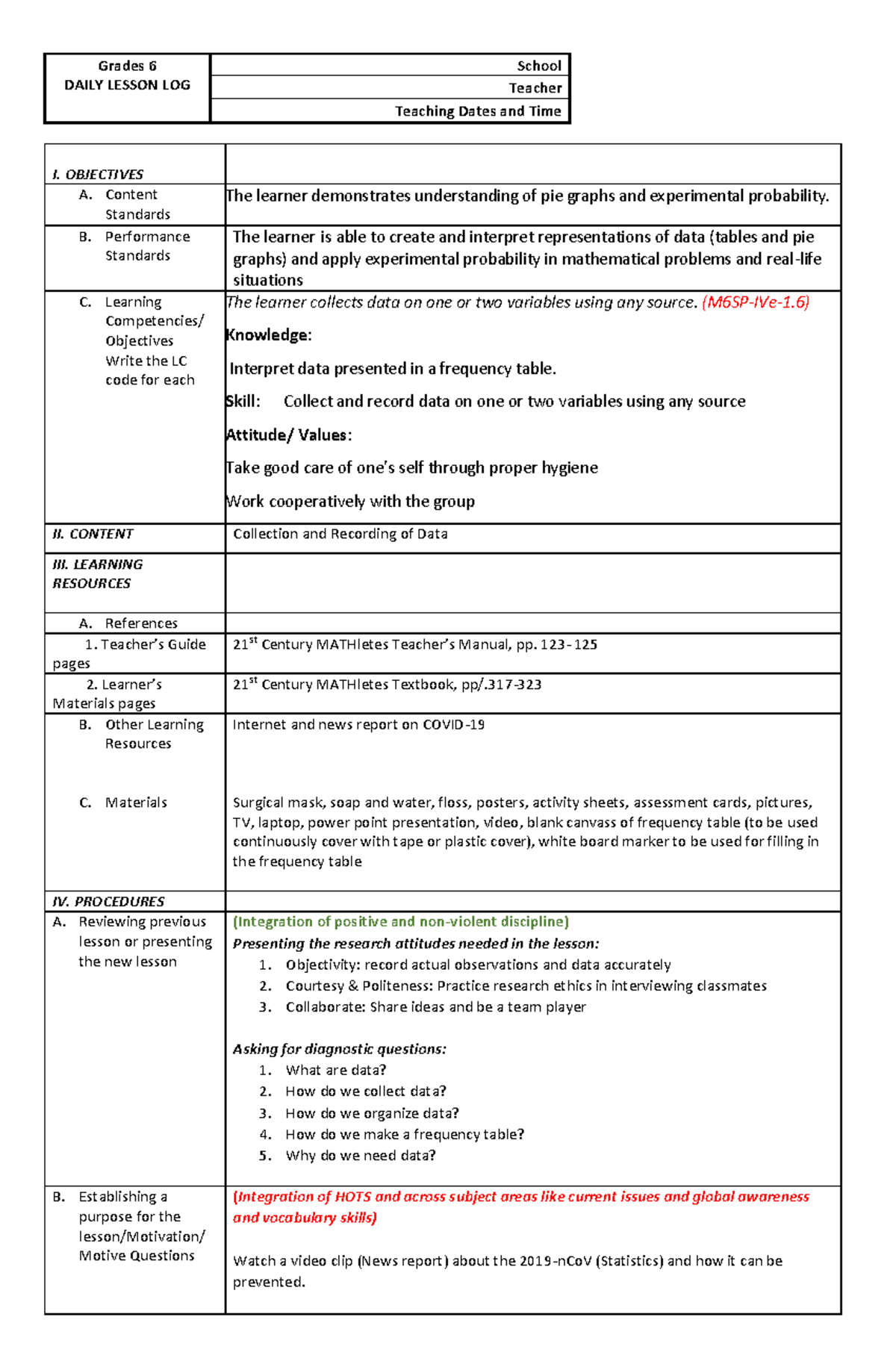 LP Math 4th Q data collection - Copy - Grades 6 DAILY LESSON LOG School ...