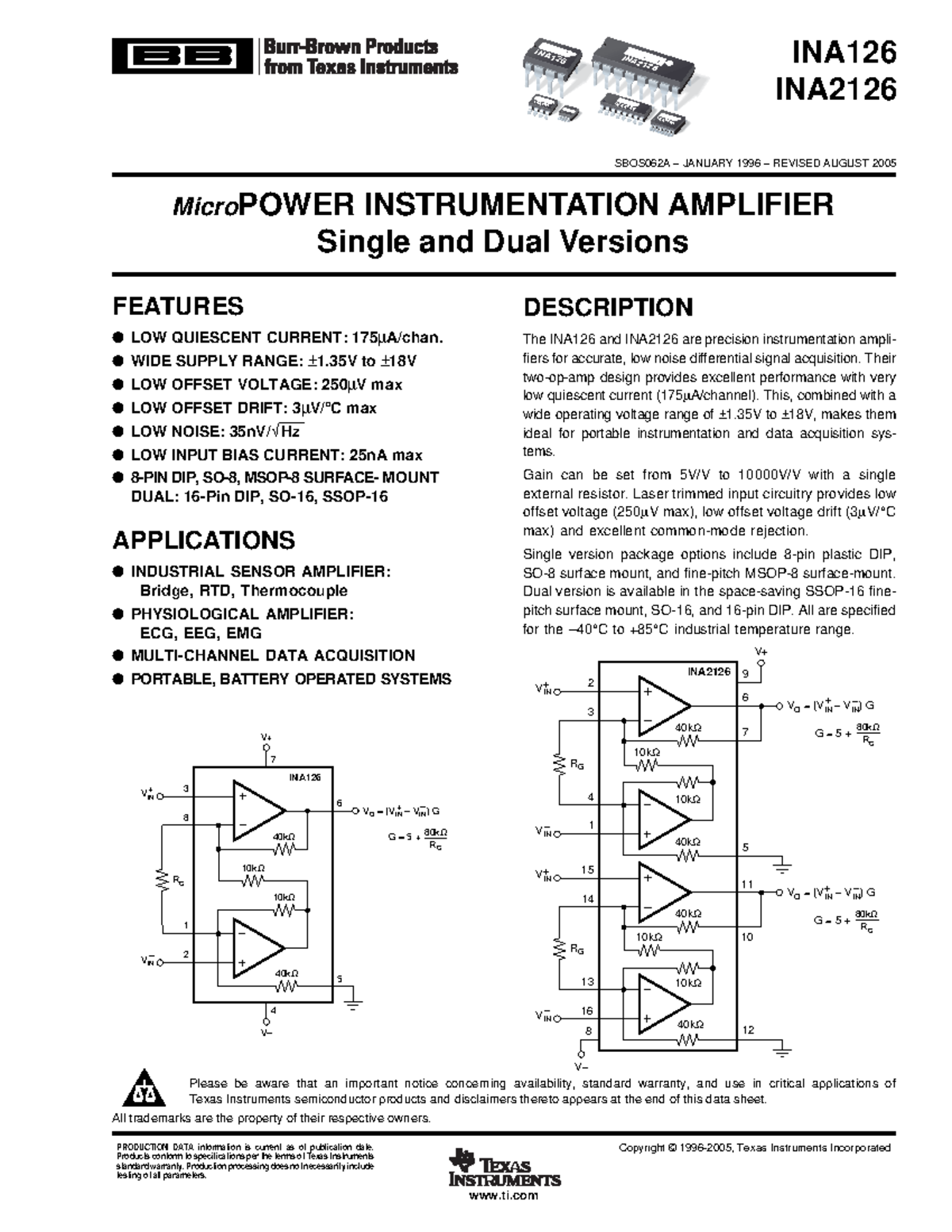 INA126 - Datasheet - FEATURES LOW QUIESCENT CURRENT: 175μA/chan. WIDE ...