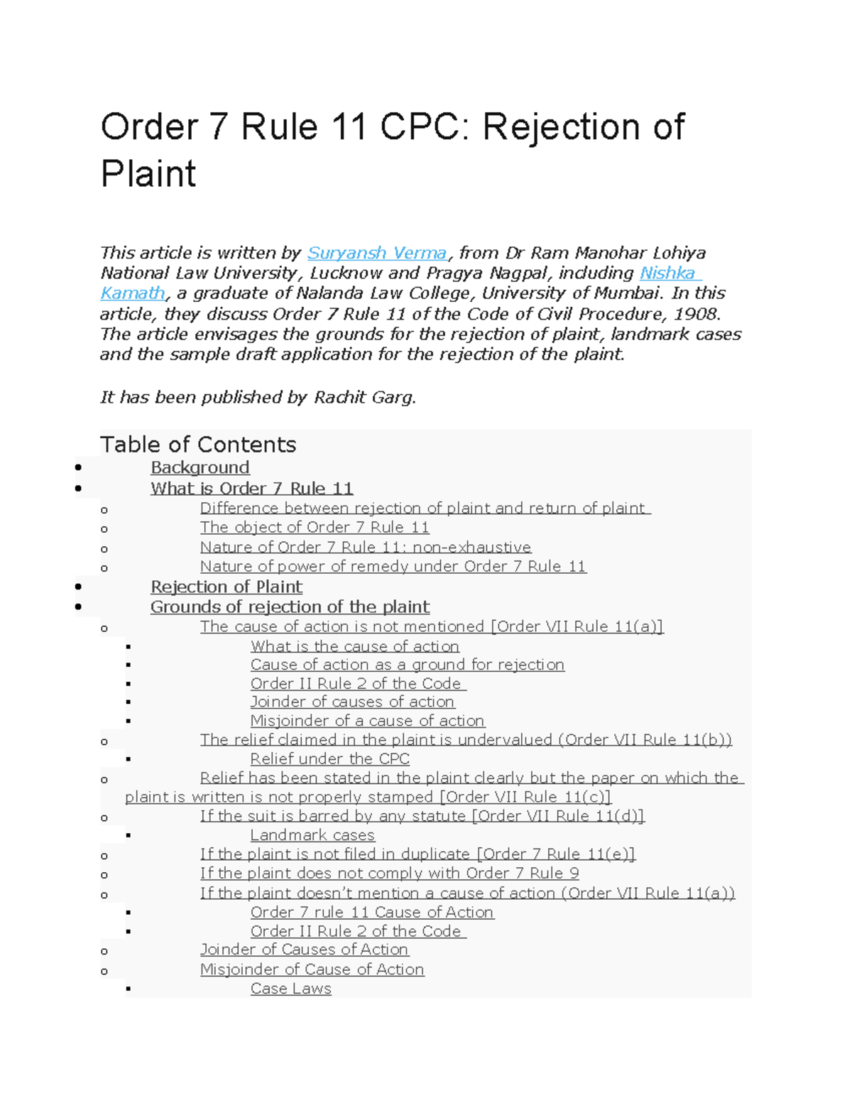 Order 7 Rule 11 CPC Plaint Order 7 Rule 11 CPC Rejection Of Plaint 
