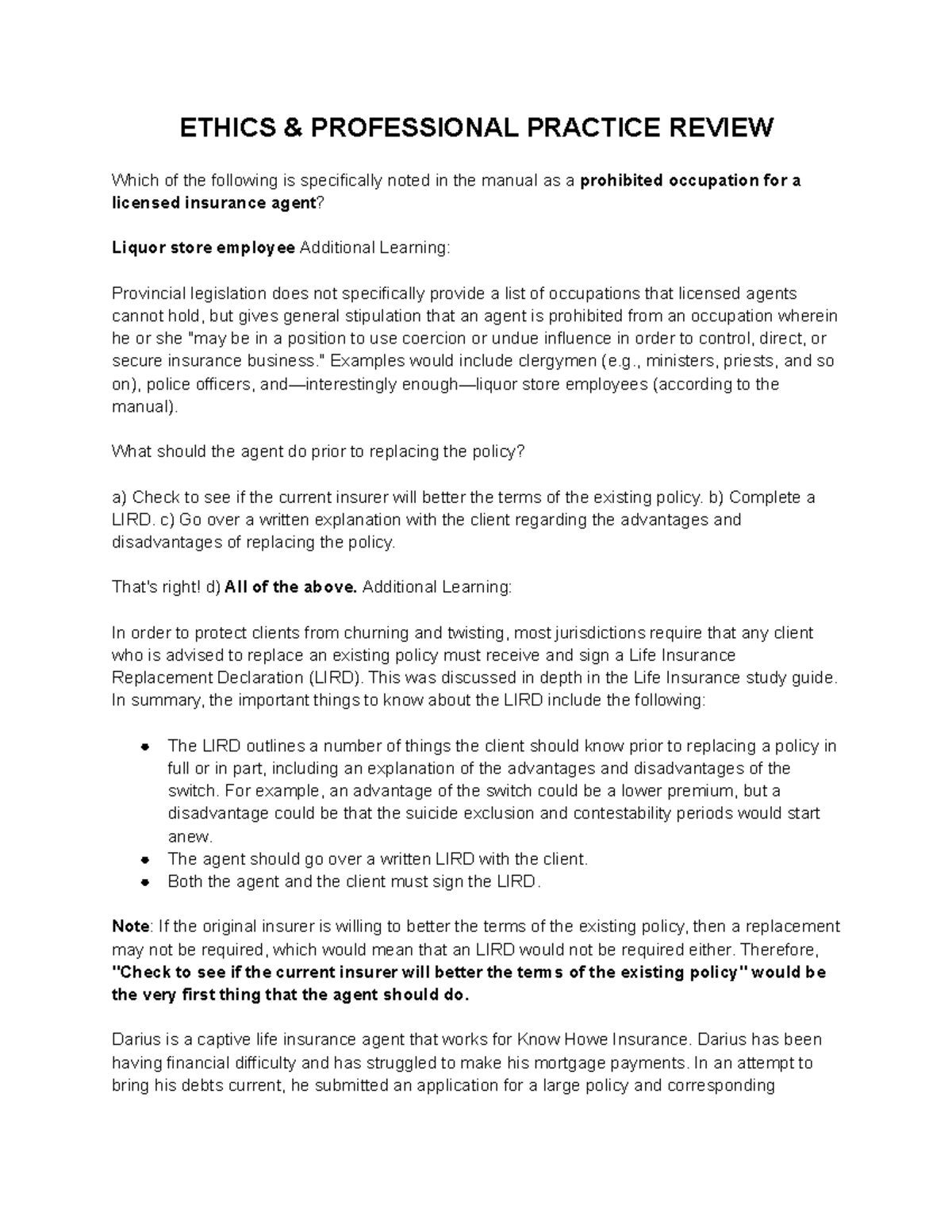 Ethics review llqp - ETHICS & PROFESSIONAL PRACTICE REVIEW Which of the ...