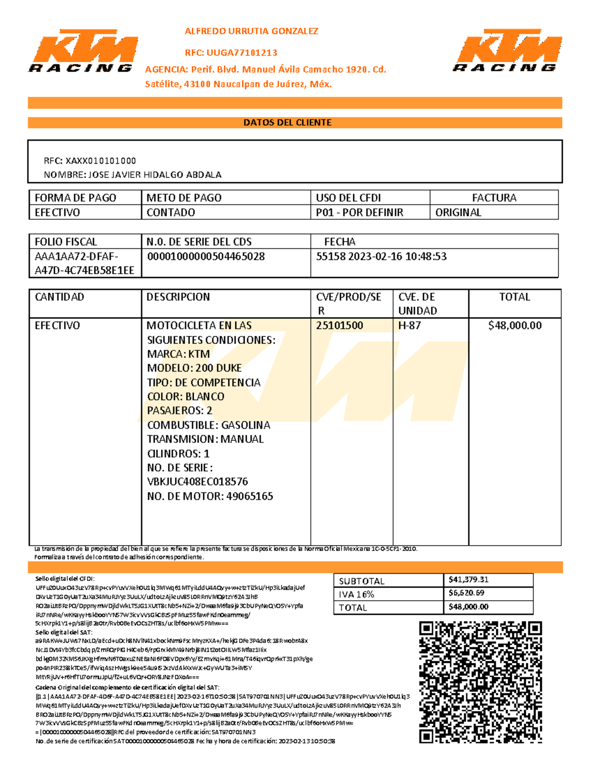 KTM yes RFC XAXX NOMBRE JOSE JAVIER HIDALGO ABDALA D ALFREDO