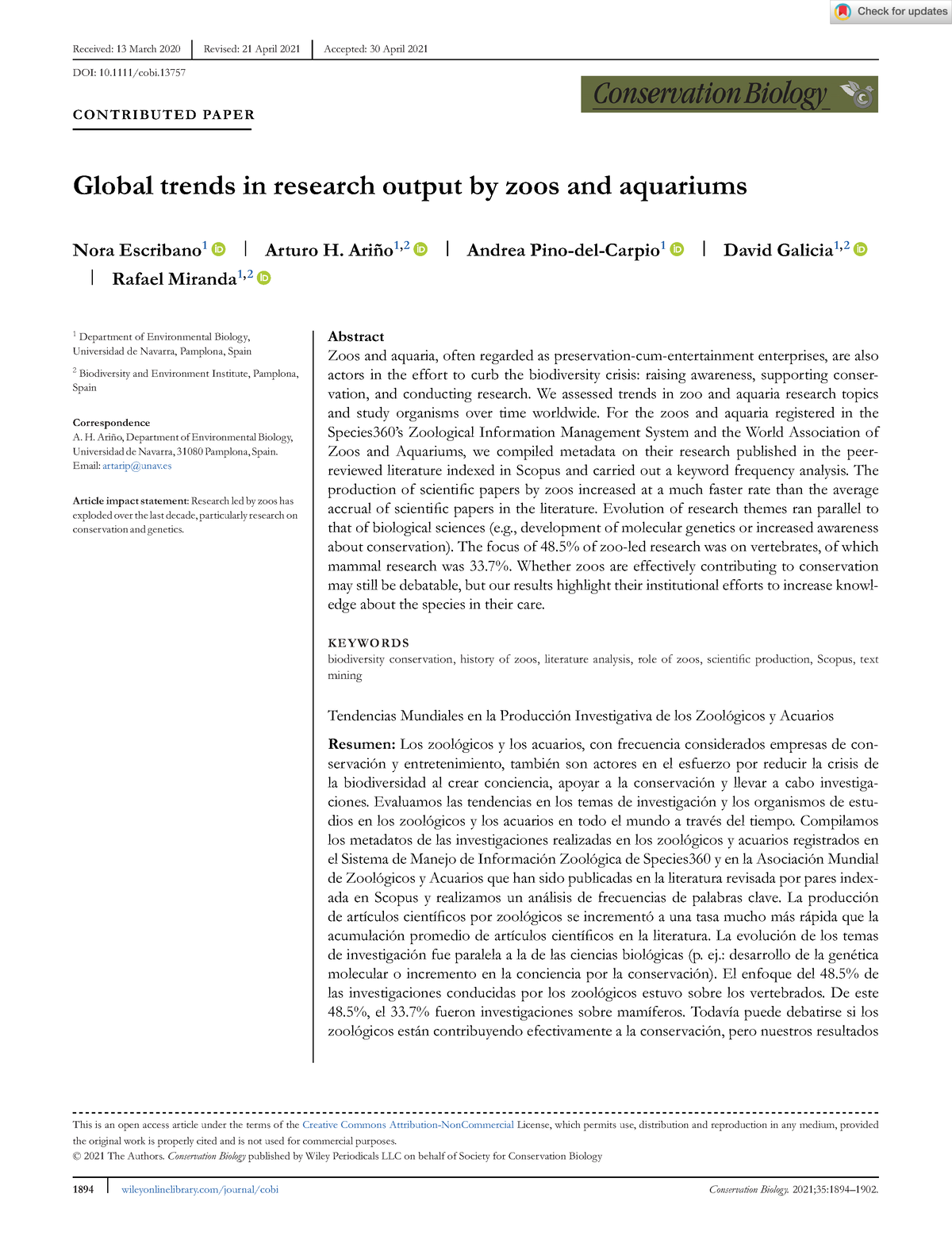 global trends in research output by zoos and aquariums