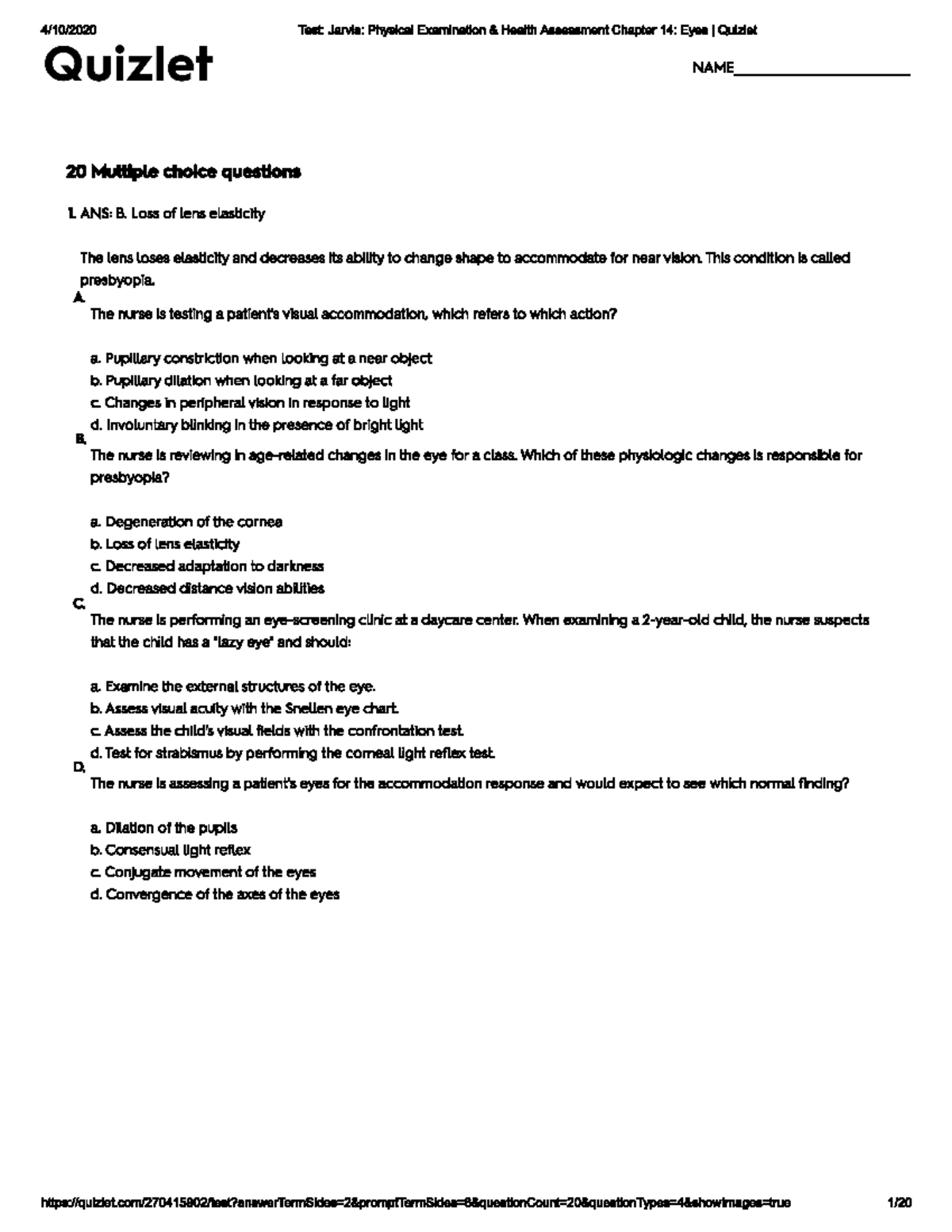 Quiz for eyes . Health assessment Studocu