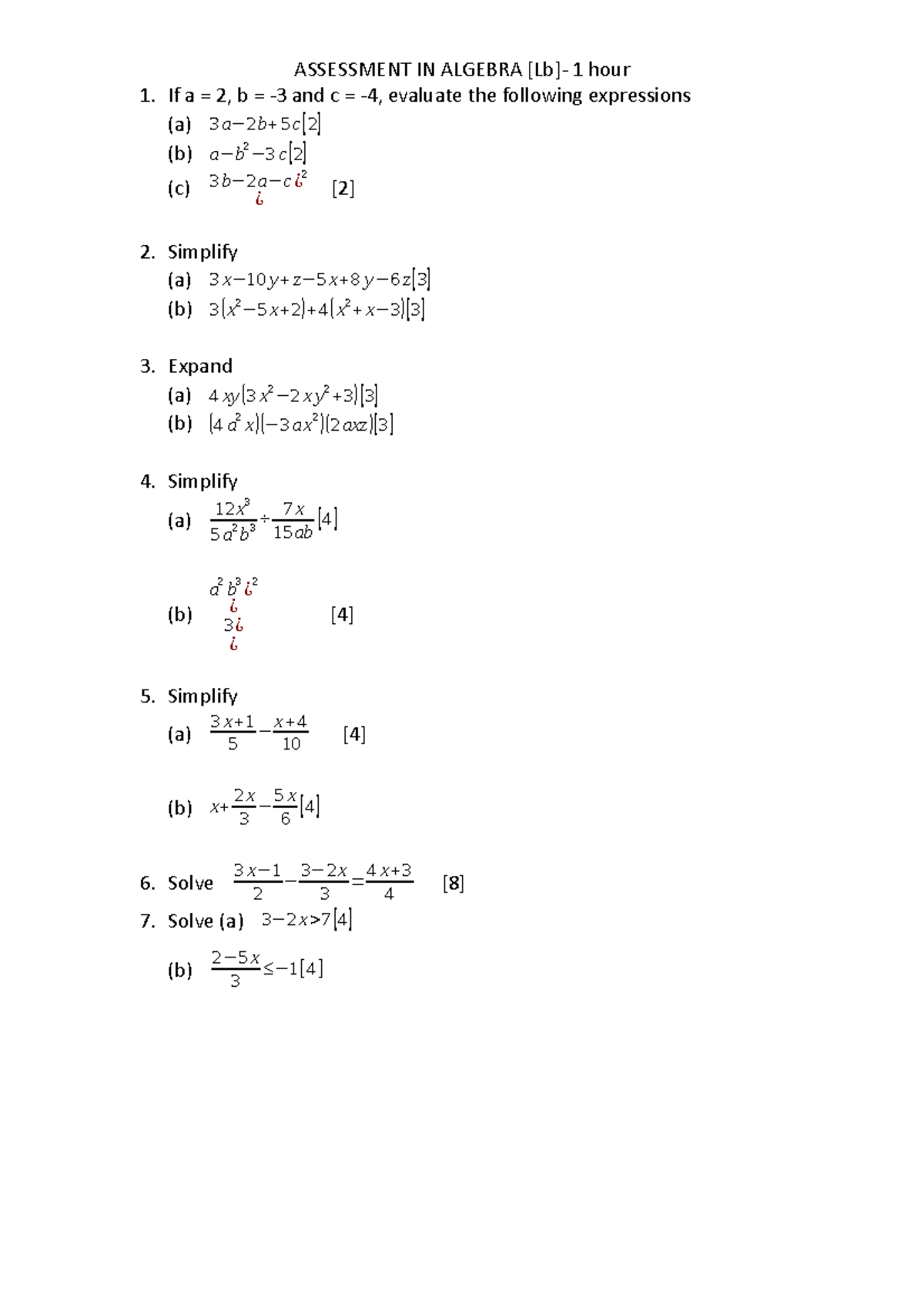 Assessment Algebra Dev Assessment In Algebra Lb 1 Hour 1 If A 2 B 3 And C 4 Evaluate Studocu