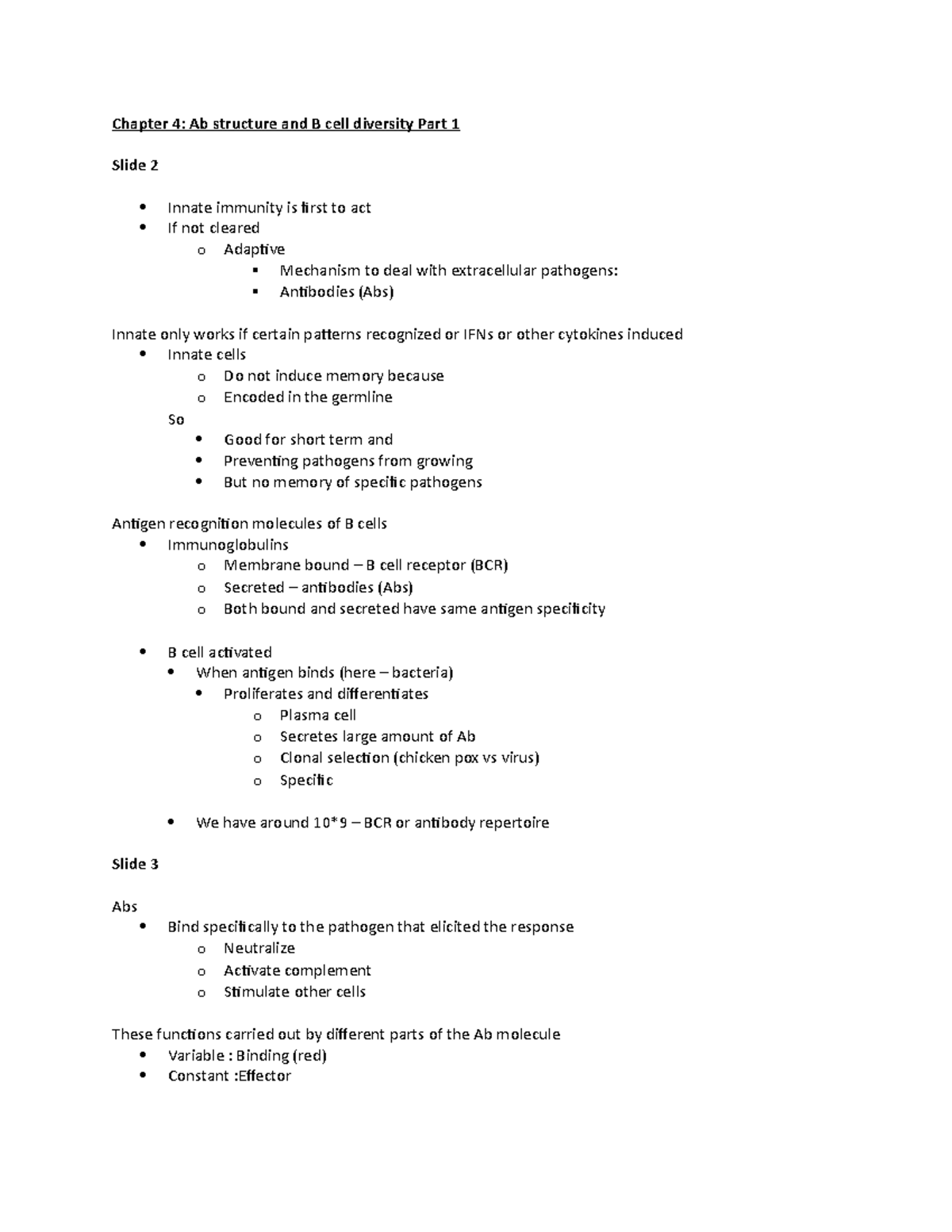 Chapter 4 Part 1 Class Notes - Chapter 4: Ab Structure And B Cell ...