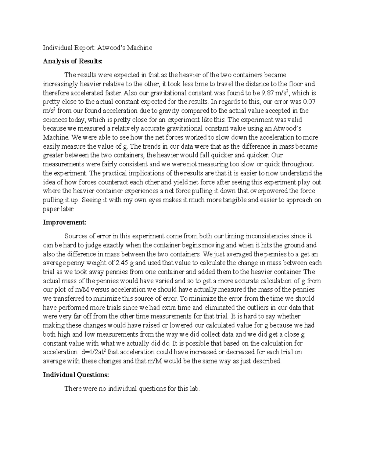 Lab 5 (Atwood's Machine) Individual Report Atwood’s Machine Analysis