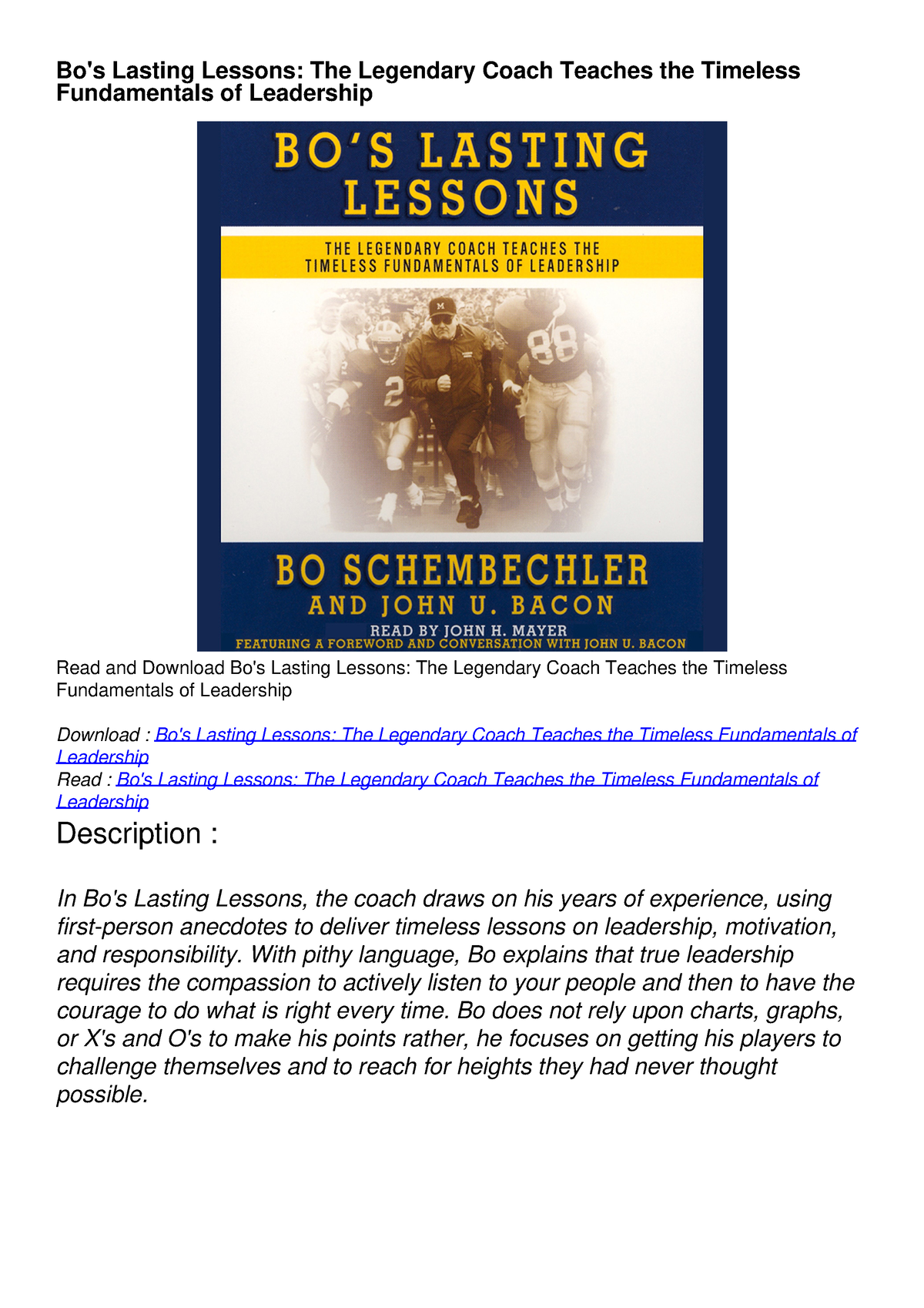 PDF_ Bo's Lasting Lessons: The Legendary Coach Teaches The Timeless ...