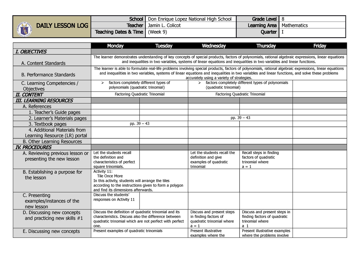 Sample Grade 8 DLL Q1W9 - DLL for mathemtaics - DAILY LESSON LOG School ...