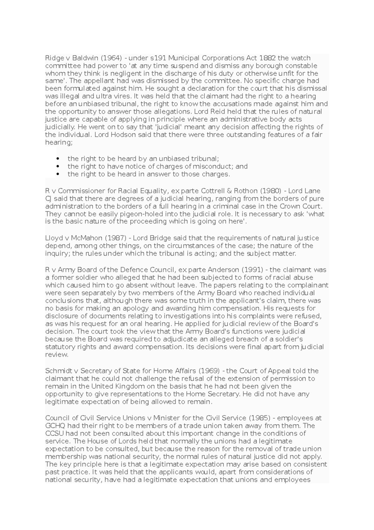 Judicial review cases Ridge v Baldwin (1964) under s191 Municipal