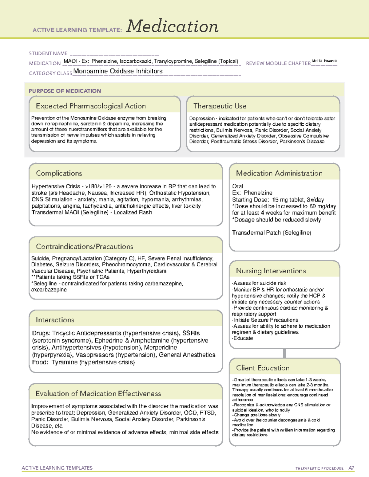 MAOI Template ACTIVE LEARNING TEMPLATES THERAPEUTIC PROCEDURE A