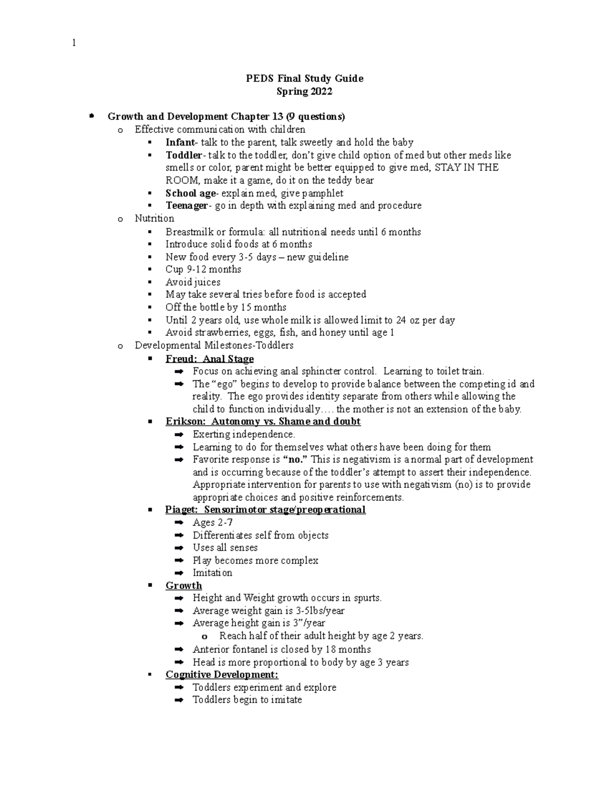 PEDS Final Study Guide - PEDS Final Study Guide Spring 2022 Growth and ...