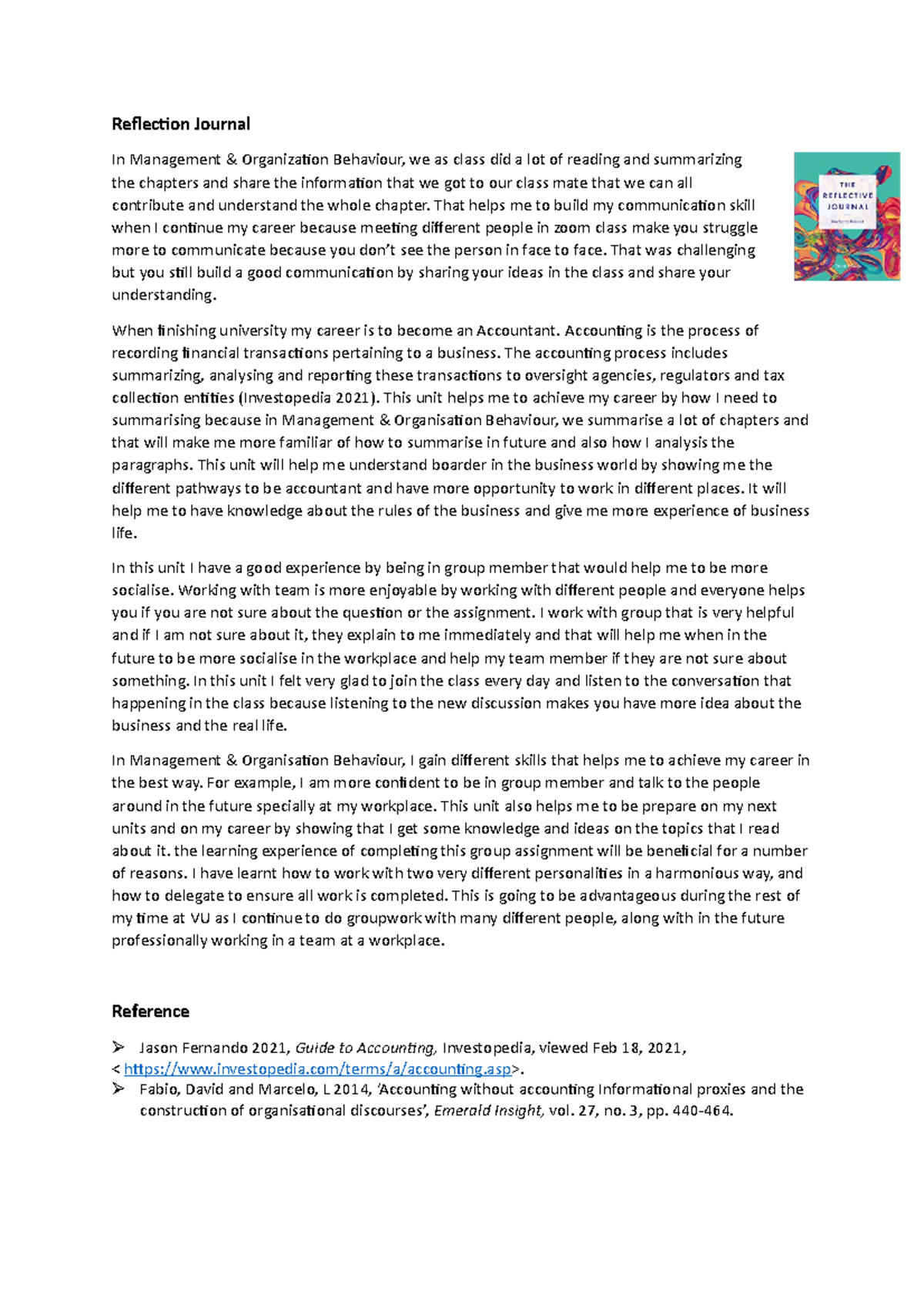 Reflection Journal - coursework about accounting financial ...