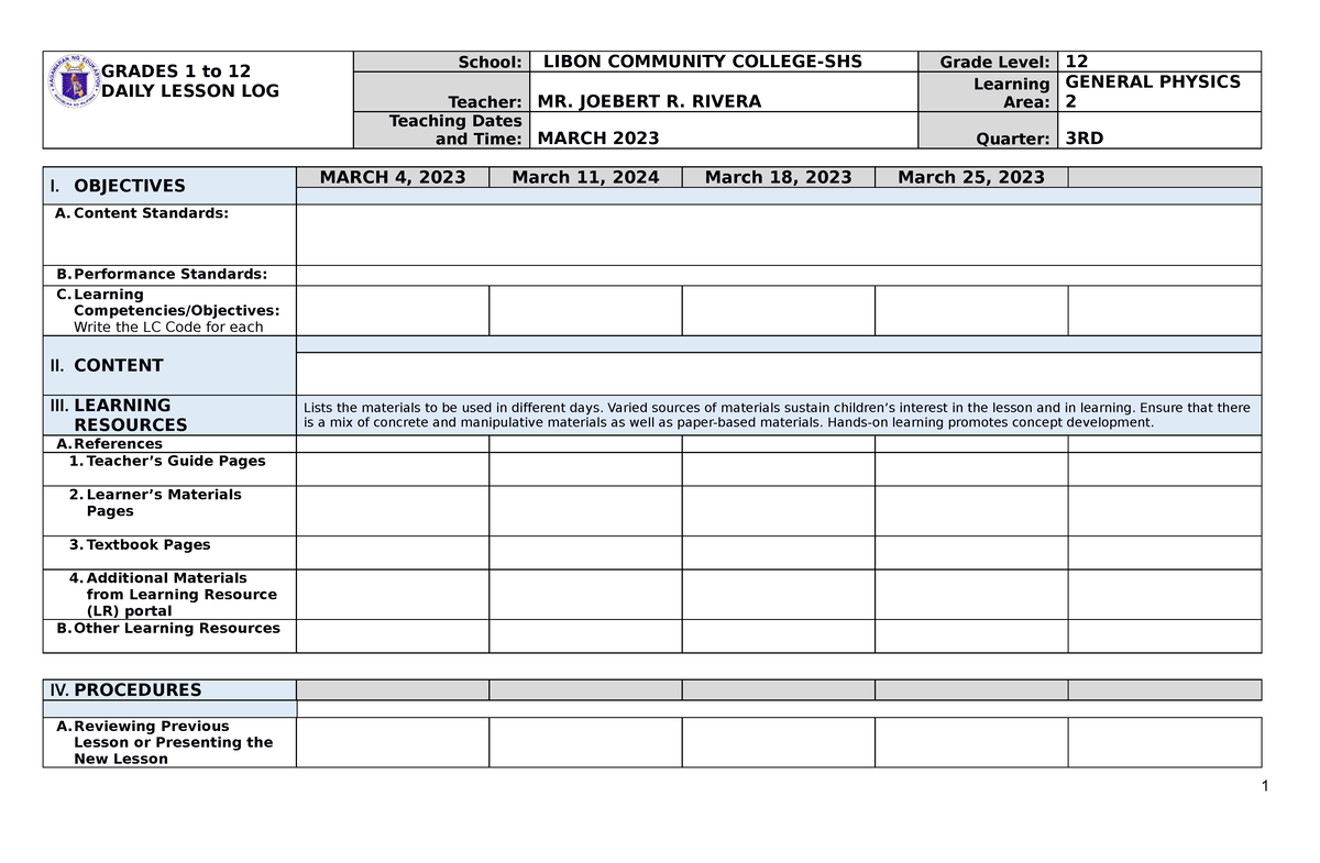 Dll Licom Shs Lesson Plan Grades 1 To 12 Daily Lesson Log School Libon Community College 5669