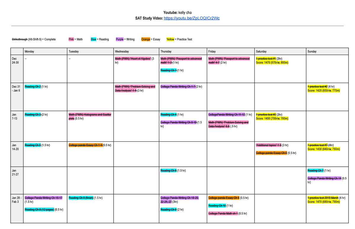 Kelly Cha's SAT Study Schedule Youtube kelly cha SAT Study Video