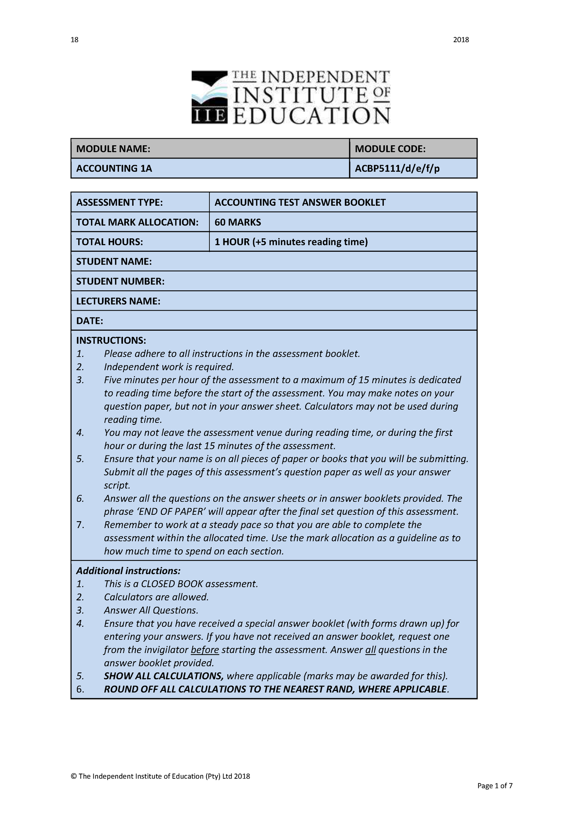 ACc 2 Answer Booklet - ,,,,, - © The Independent Institute Of Education ...