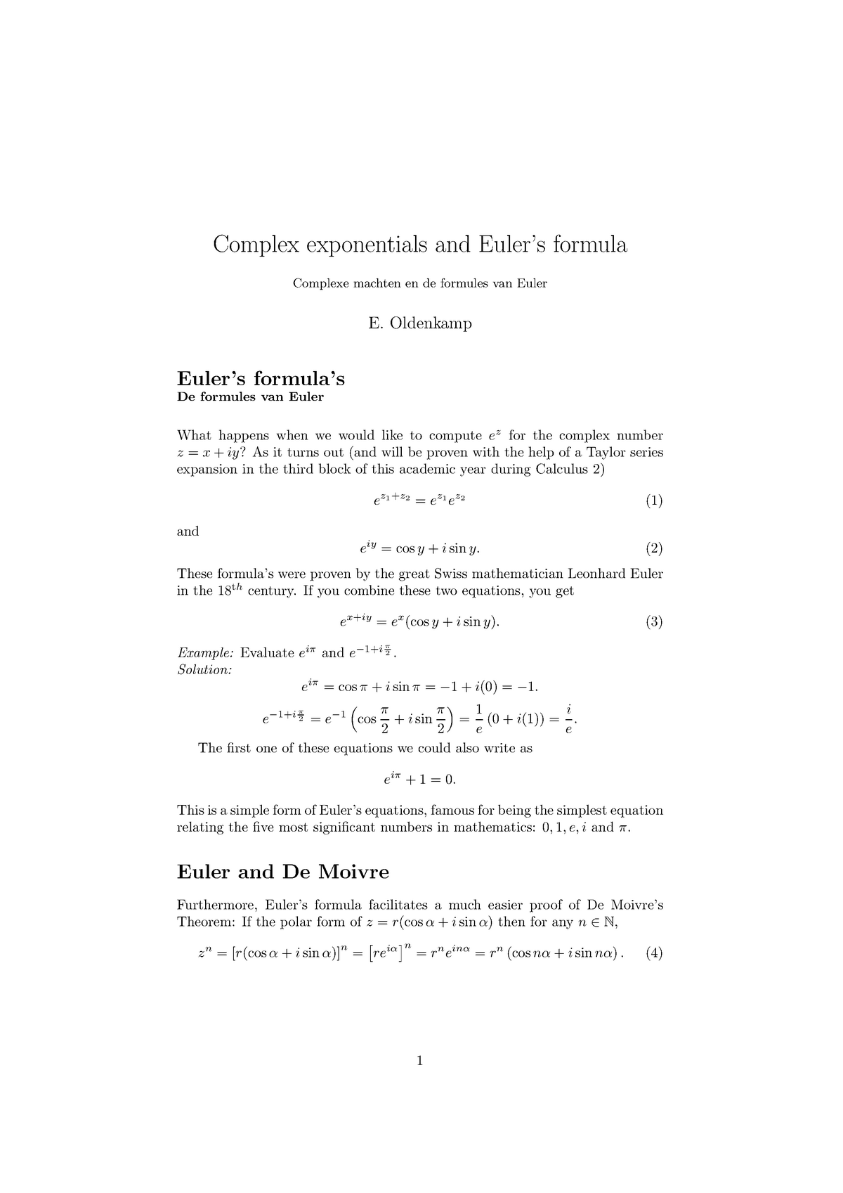 Notes Euler S Formula S Complex Exponentials And Eulers Formula Complexe Machten En De 6503