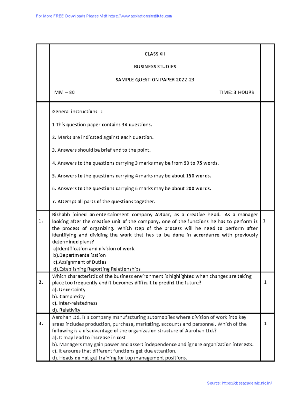 CBSE Sample Paper 2023 Class 12 Business Studies SQP CLASS XII