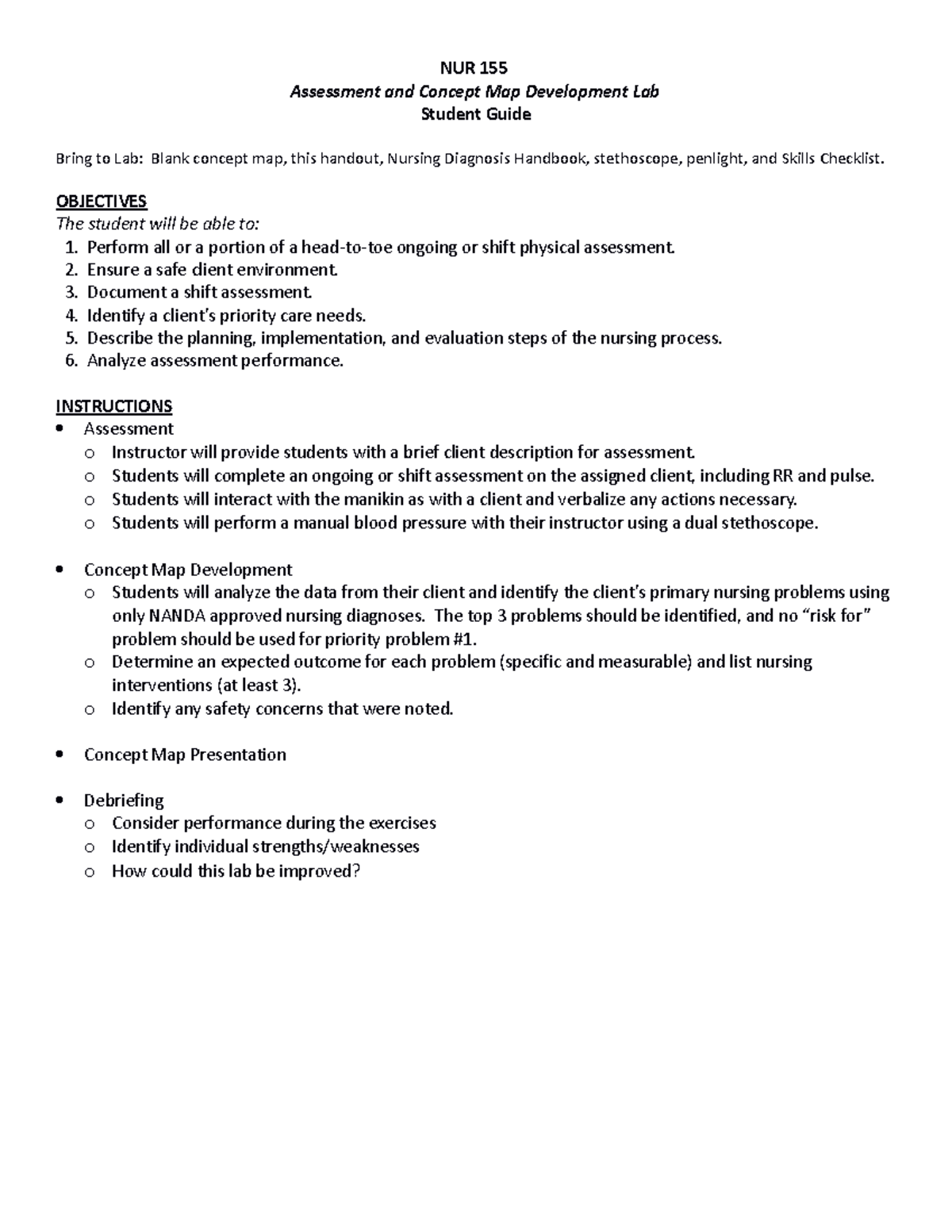 Assessment Lab Student Guide NUR 155 Assessment and Concept Map