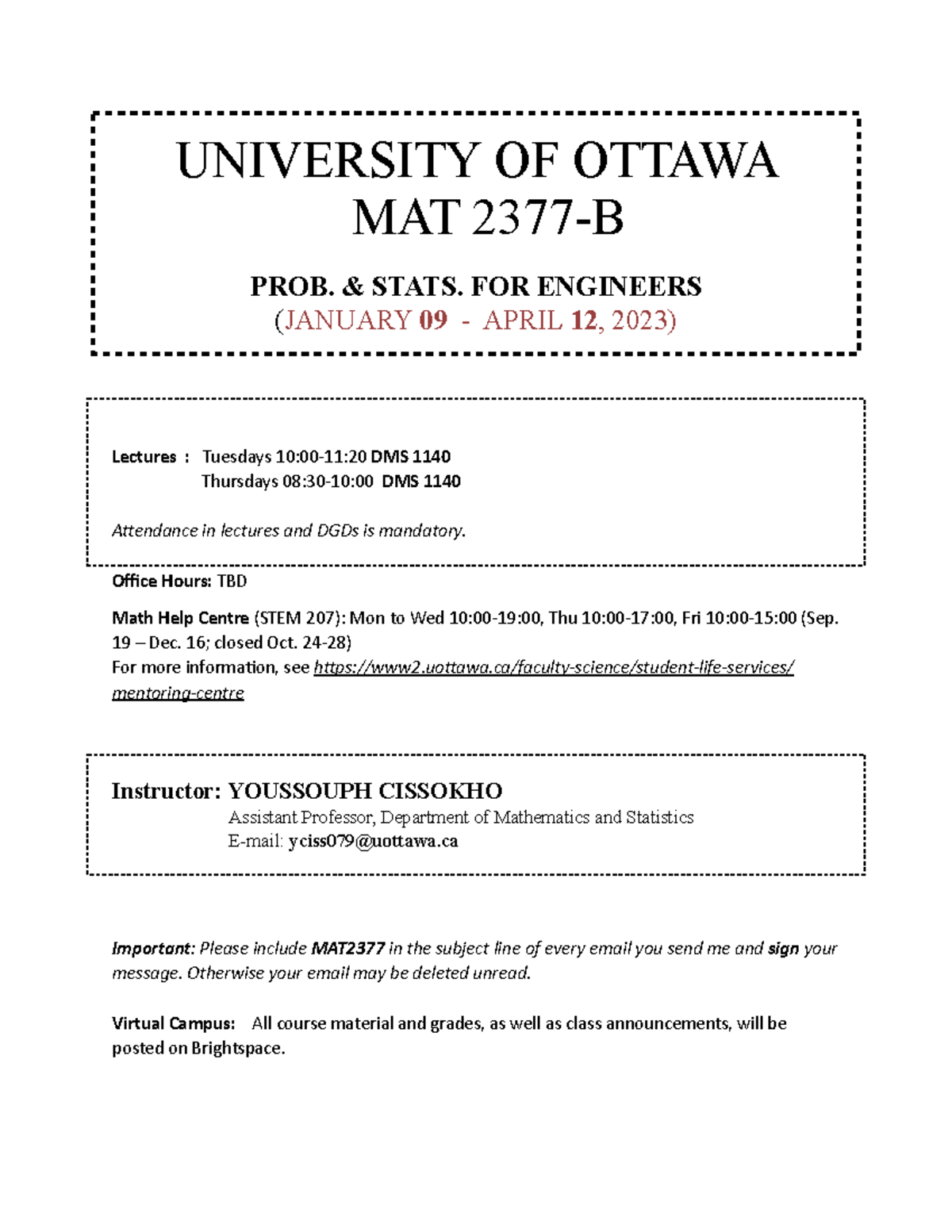 MAT2377-syllabus 2023 - UNIVERSITY OF OTTAWA MAT 2377-B PROB. & STATS ...